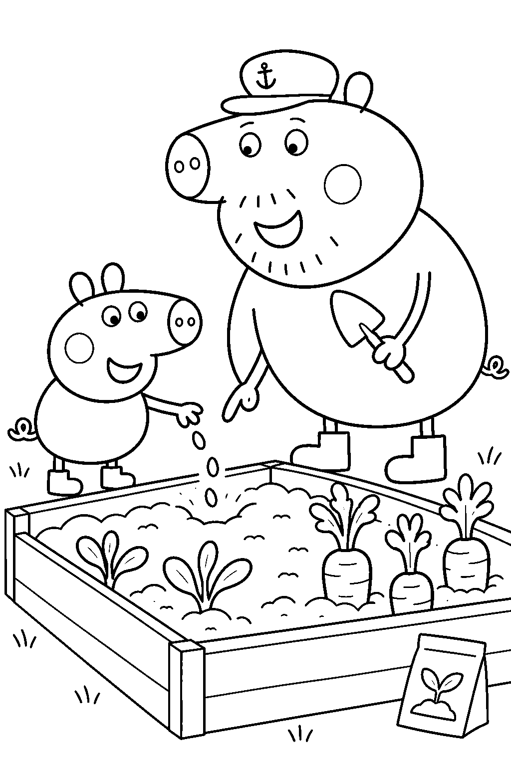 george pig planting seeds with grandpa pig in the vegetable garden line art