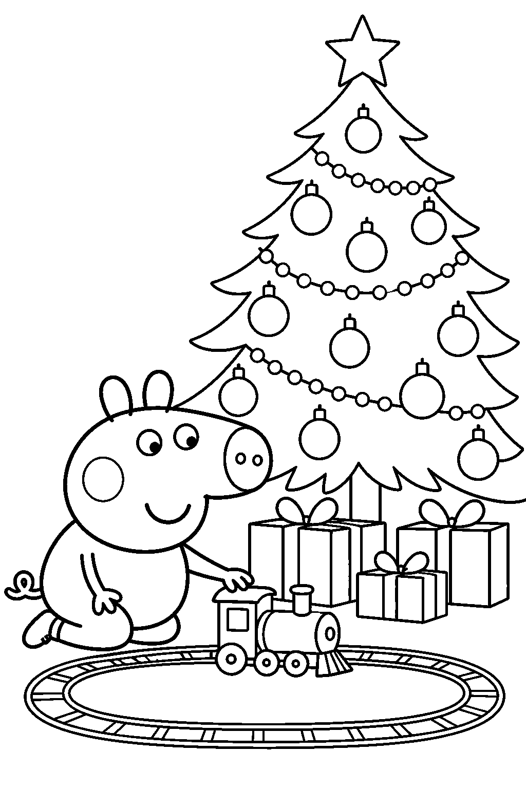 george pig playing with a toy train beside the christmas tree line art