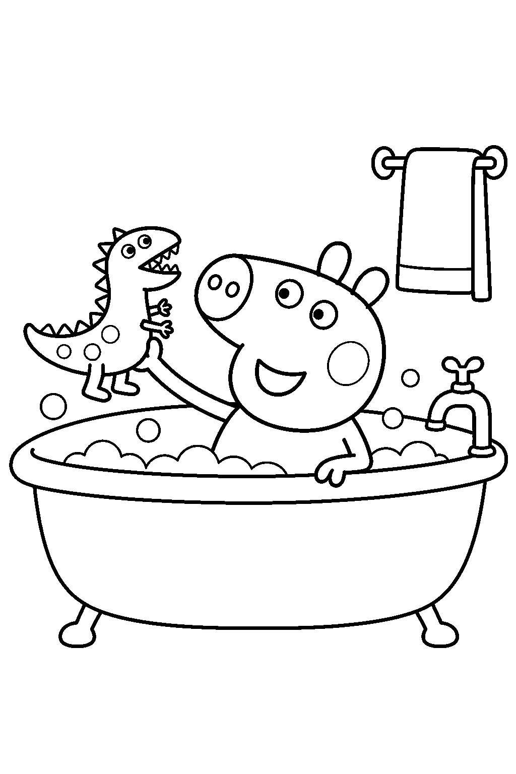 george pig playing with mr dinosaur in the bathtub line art