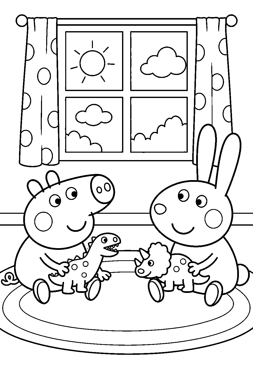 george pig playing with toy dinosaurs beside richard rabbit line art