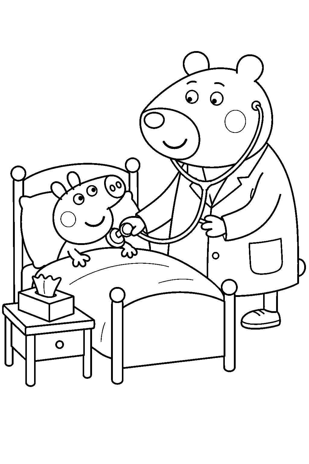 george pig resting in bed while doctor brown bear checks him after a cold line art