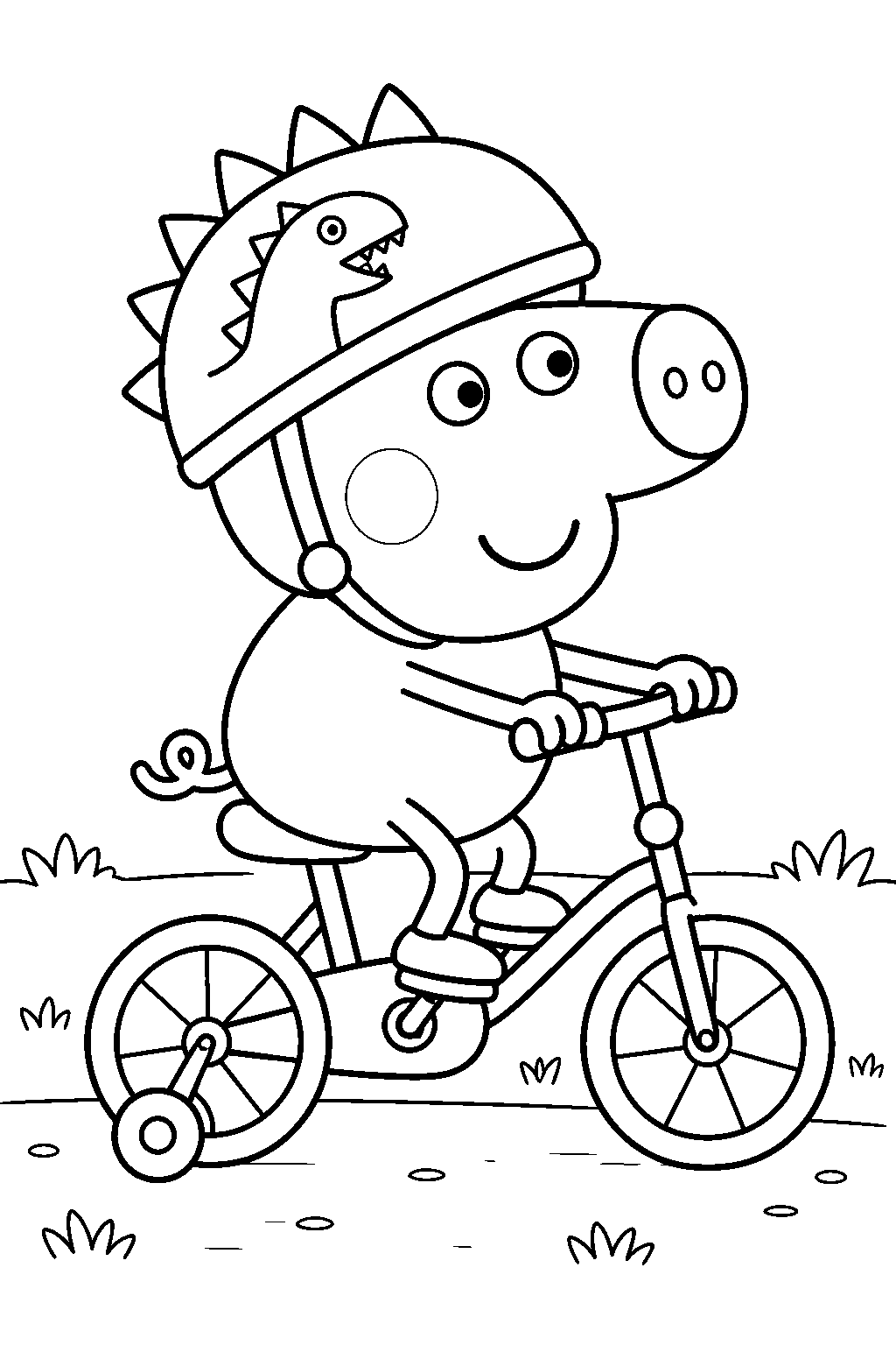 george pig riding a little bicycle with stabilizers and a dinosaur helmet line art
