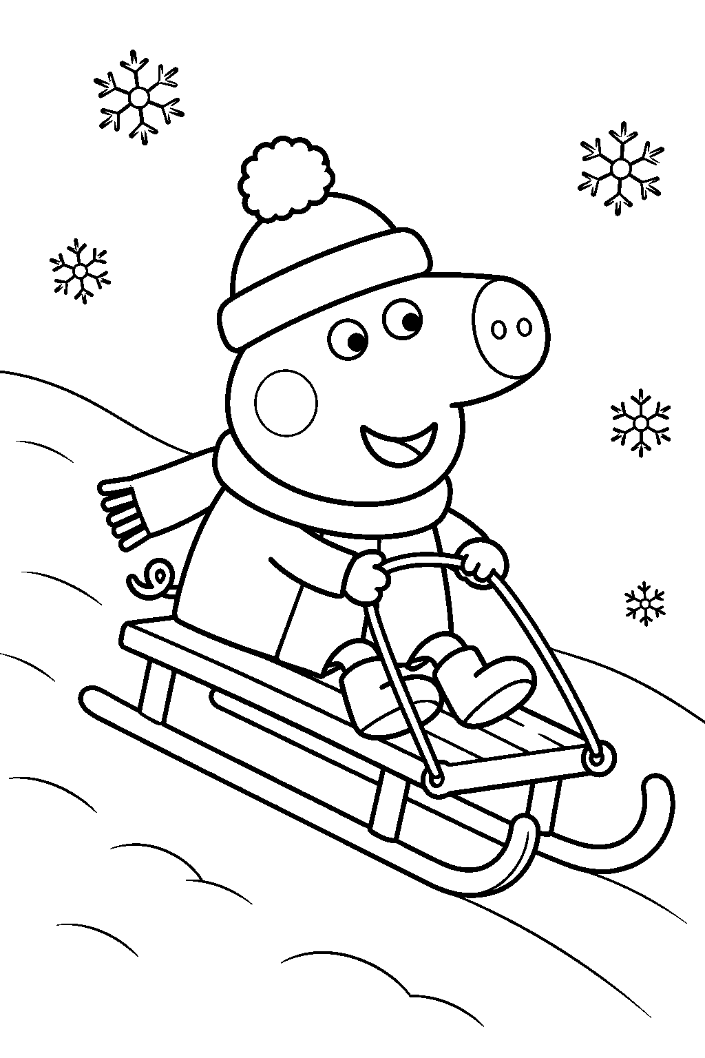 george pig riding a sled down a snowy hill line art