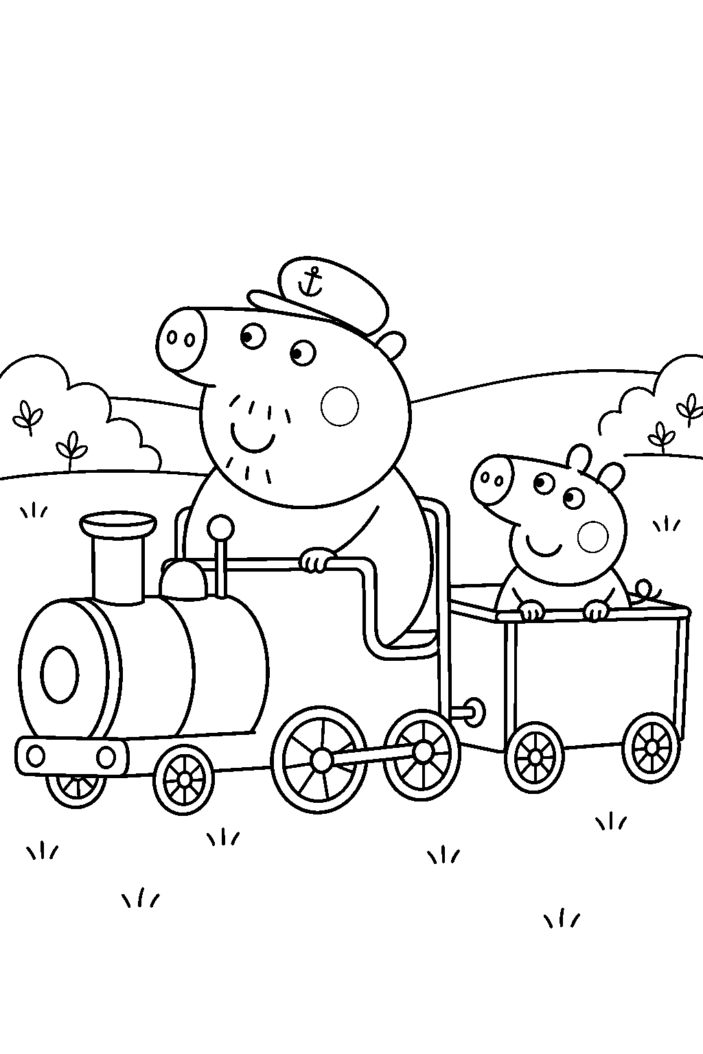 george pig riding in a carriage of grandpa pig s little train gertrude line art
