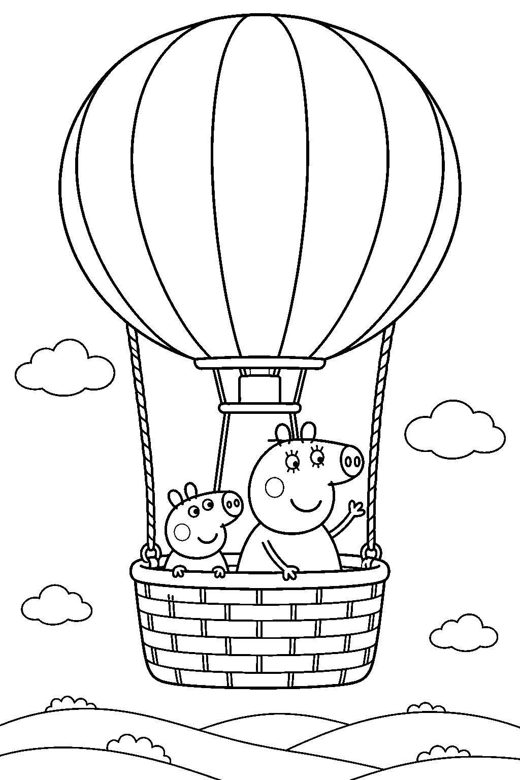 george pig riding in a hot air balloon with mummy pig line art