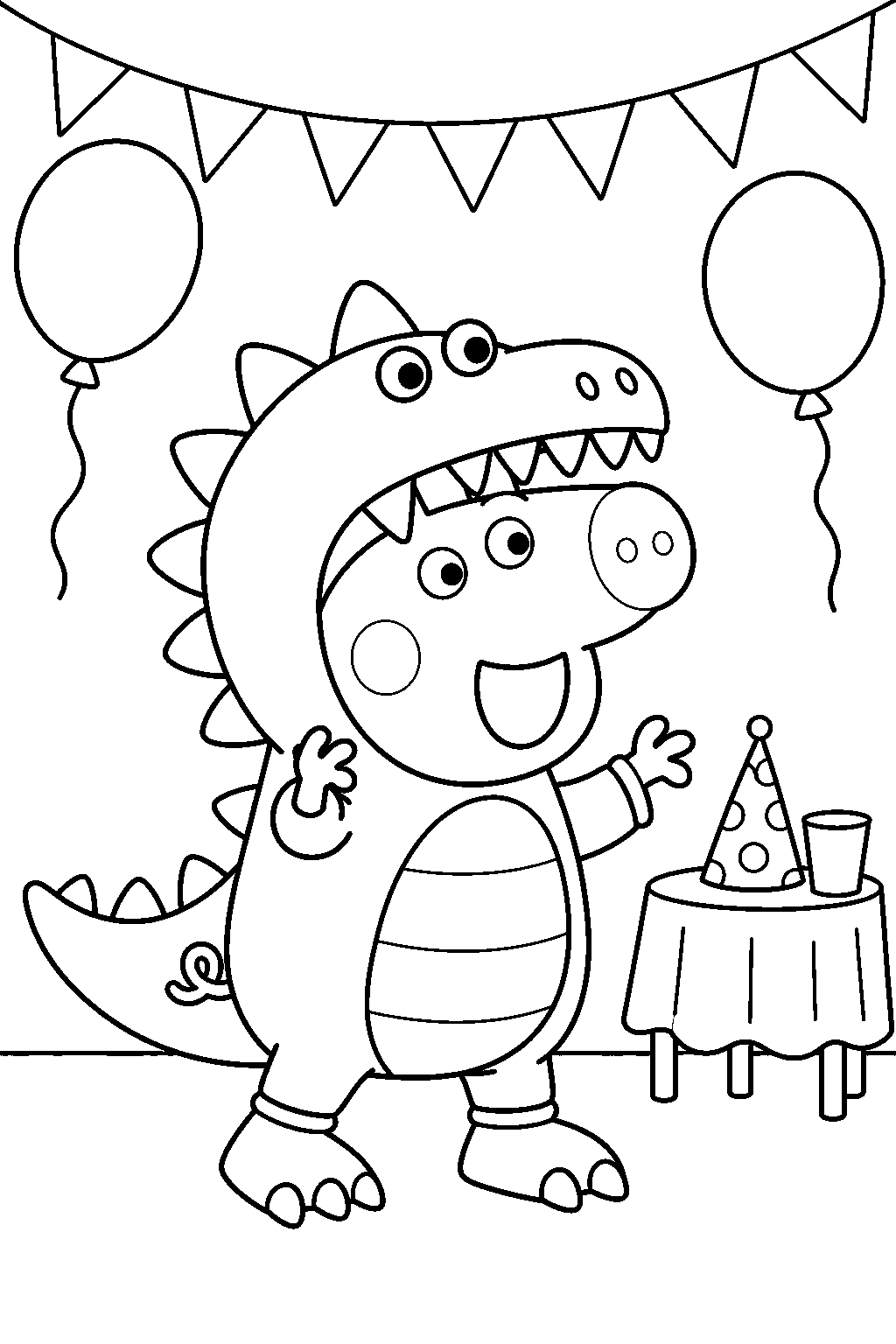 george pig roaring in a dinosaur costume at a fancy dress party line art