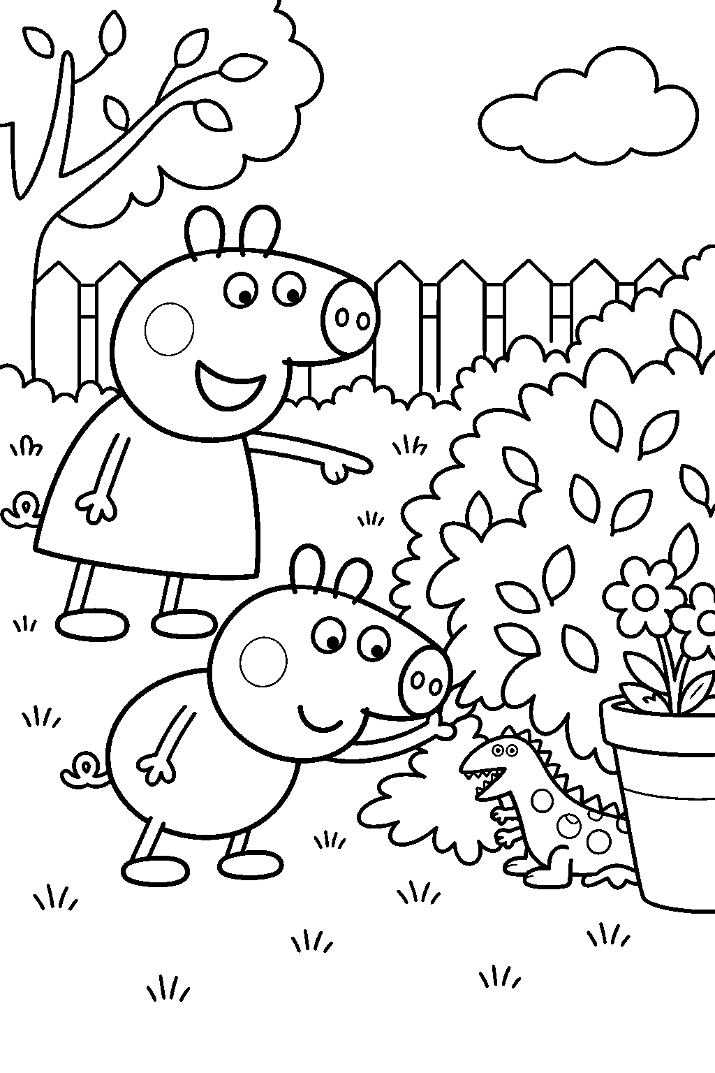 george pig searching for his lost mr dinosaur with peppa pig in the garden line art
