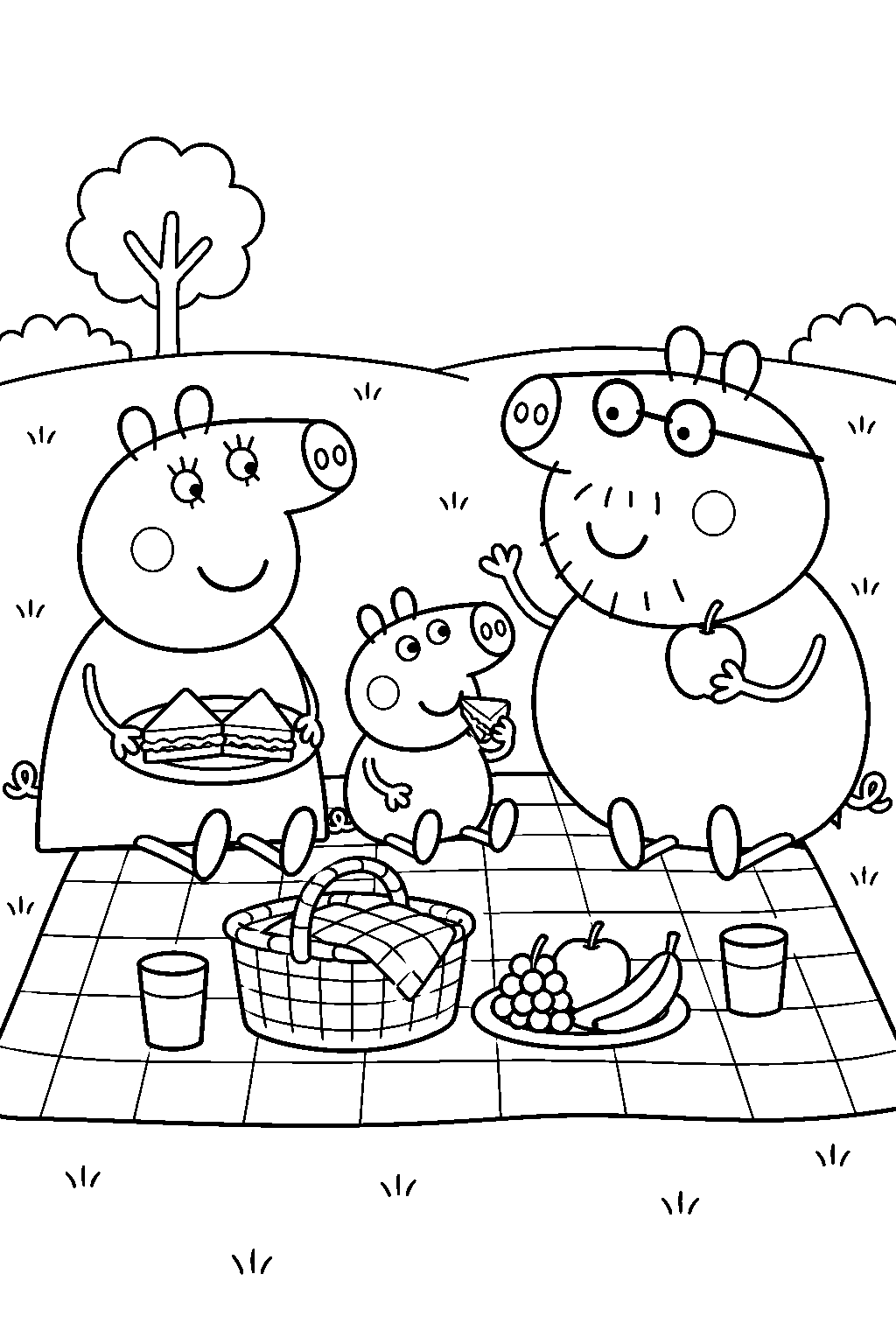george pig sharing a picnic with mummy pig and daddy pig on a blanket line art