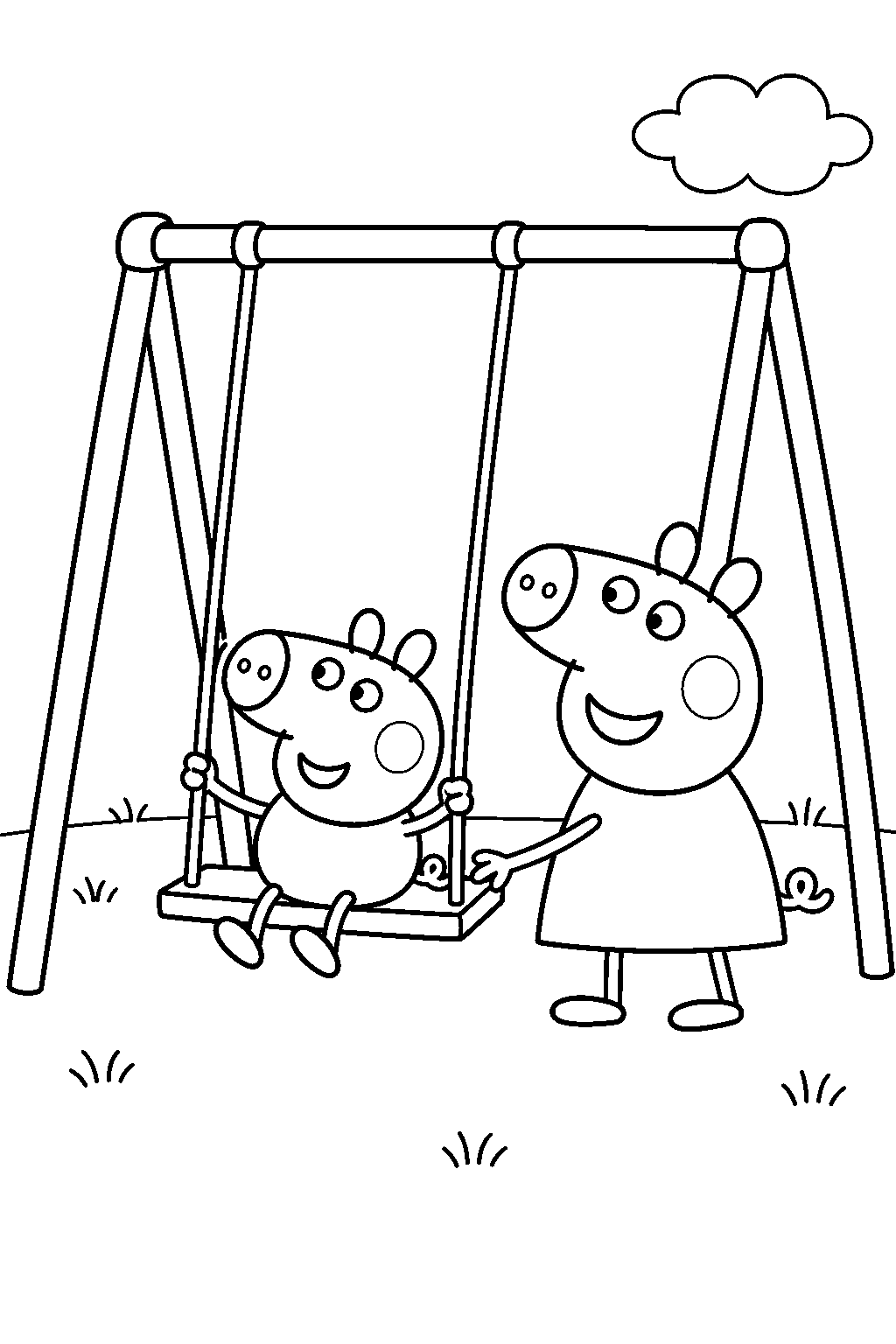 george pig sitting on a playground swing while peppa pig gently pushes line art