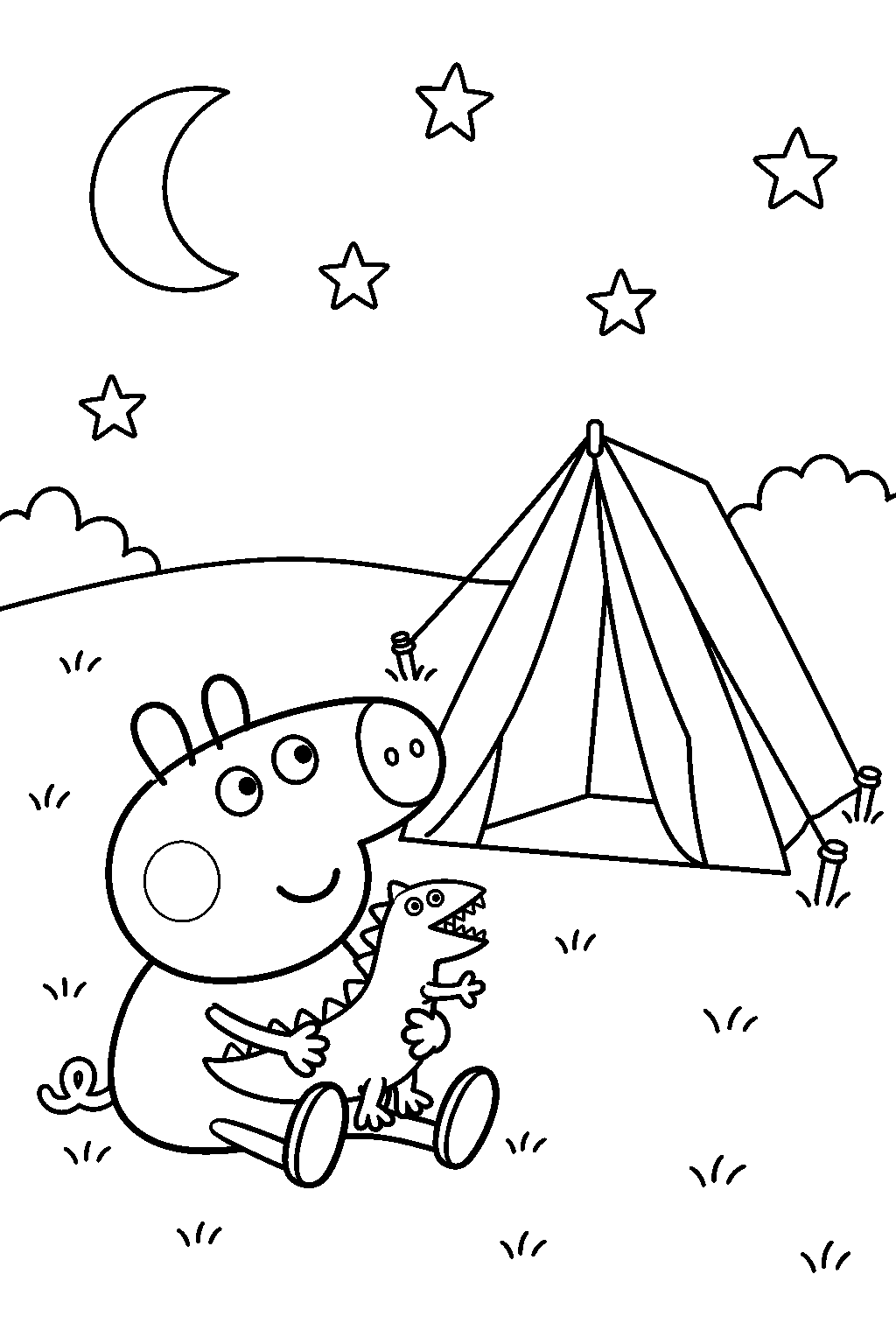 george pig sitting outside a camping tent beneath the stars line art