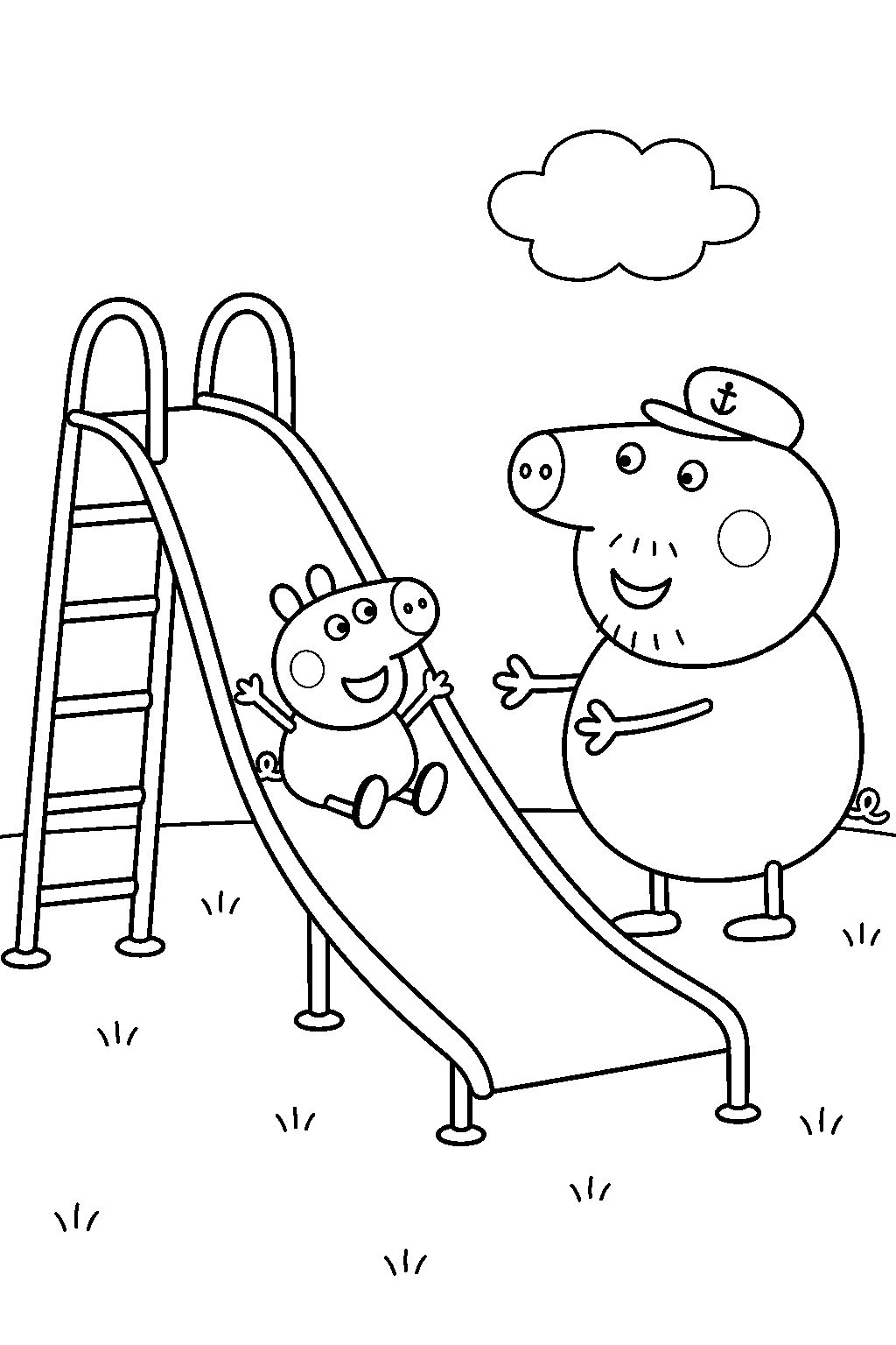 george pig sliding down a playground slide with grandpa pig waiting nearby line art