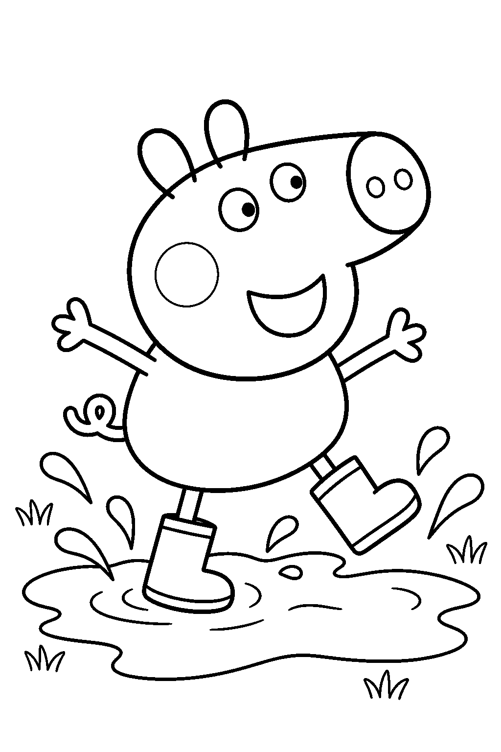 george pig splashing in a muddy puddle while wearing rain boots line art