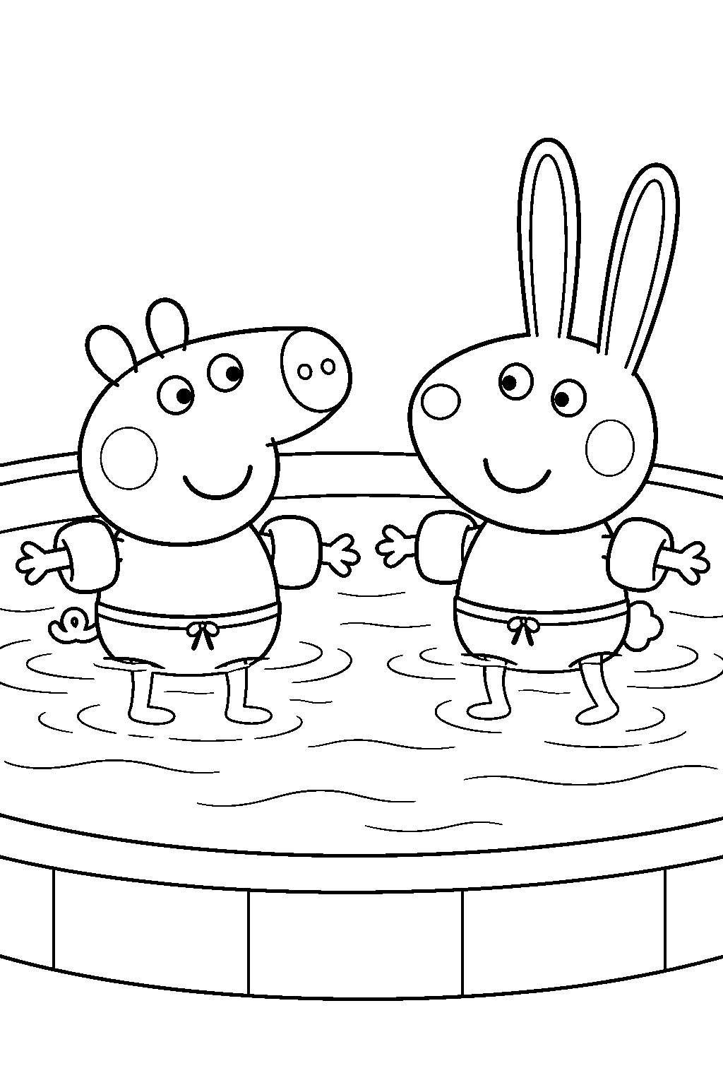 george pig swimming with arm bands beside richard rabbit line art