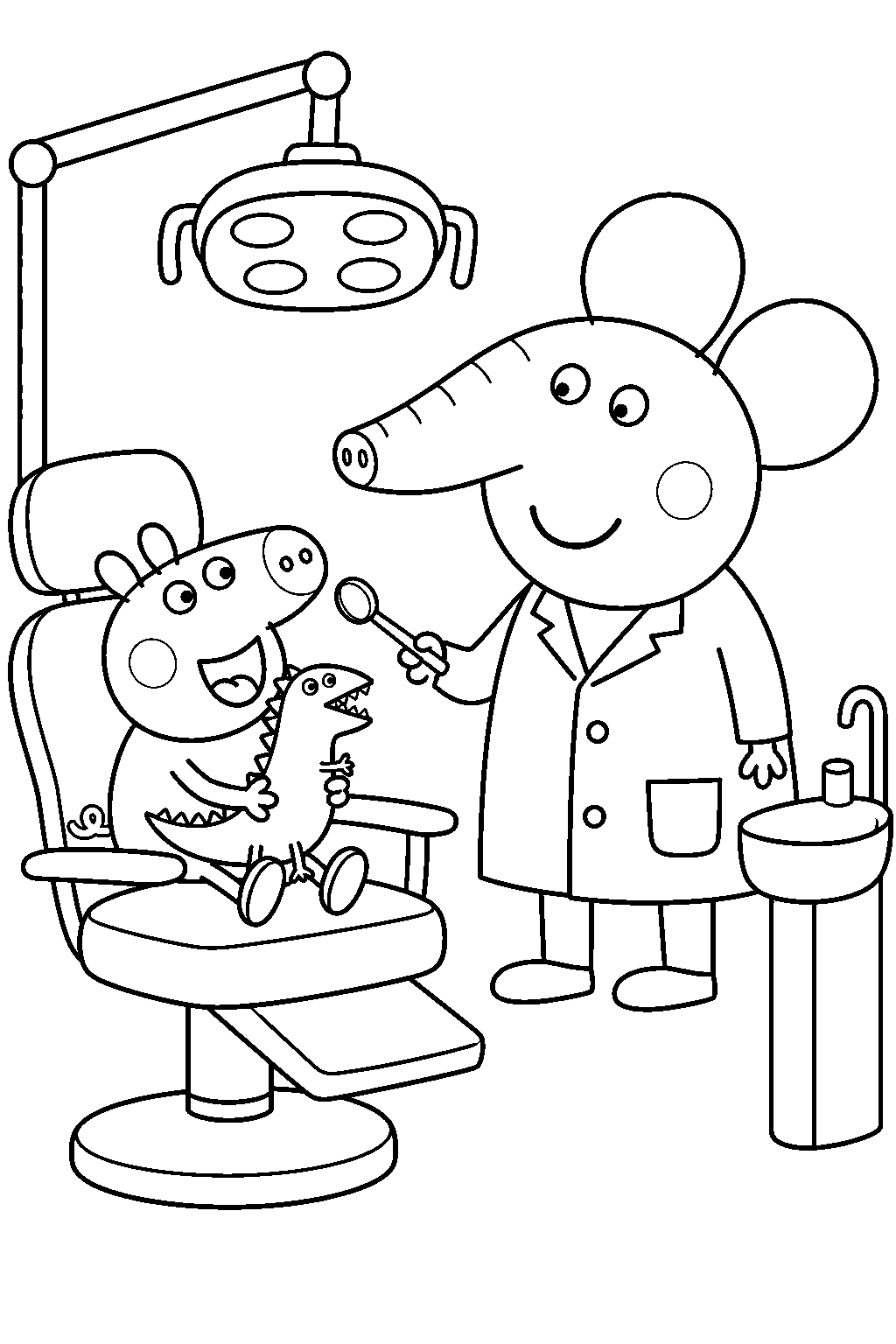 george pig visiting dr elephant at the dentist with mr dinosaur line art