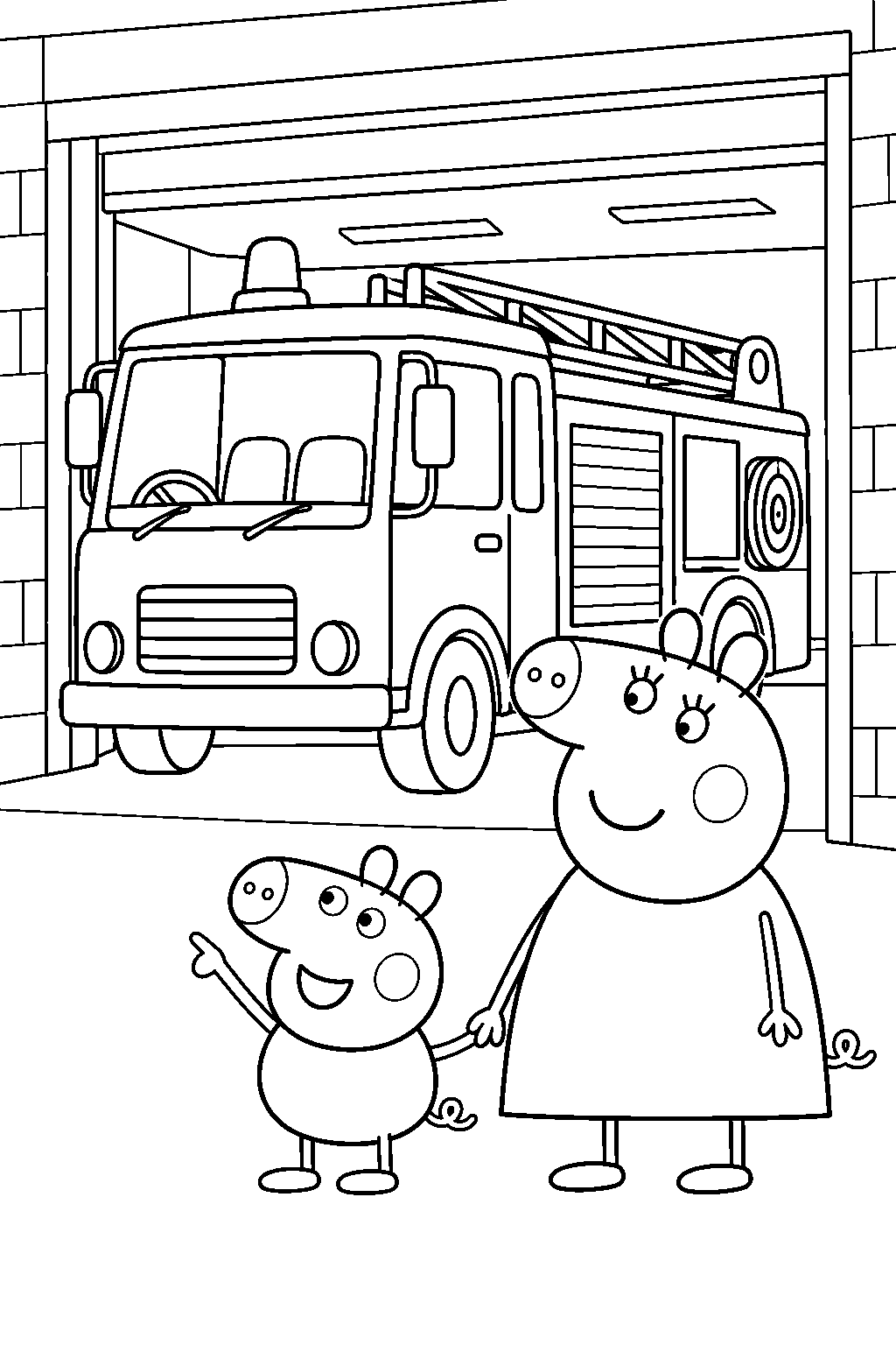 george pig visiting the fire station with mummy pig beside a fire engine line art