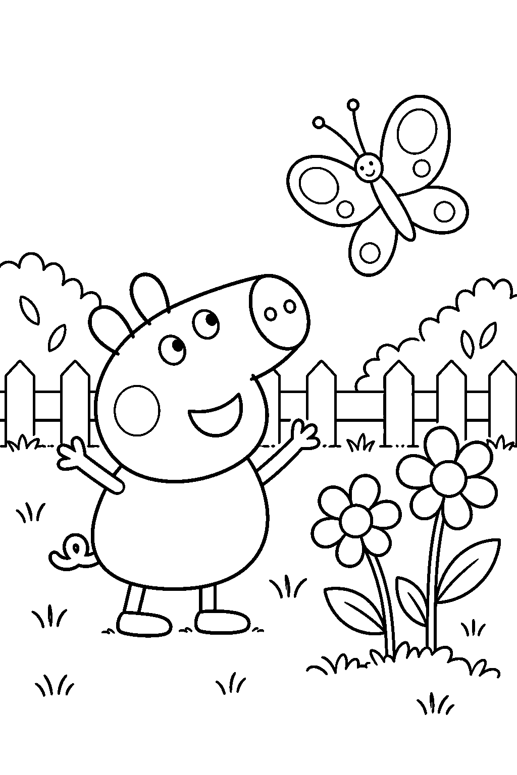 george pig watching a butterfly in grandpa pig s garden line art