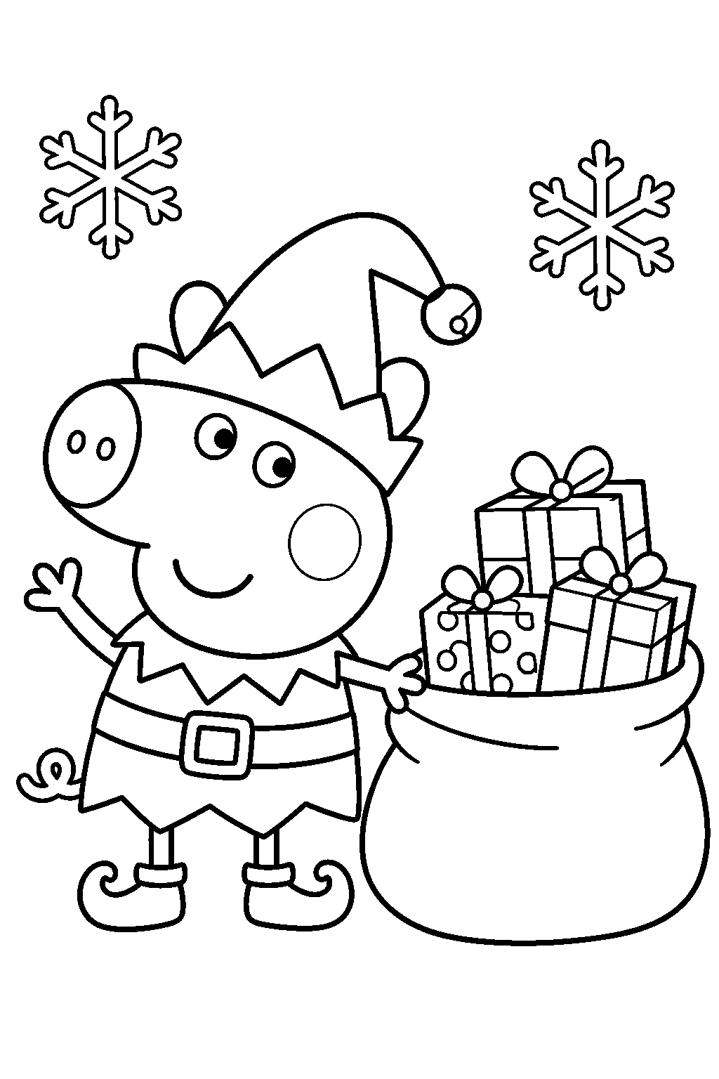 george pig wearing a christmas elf costume beside a sack of presents line art