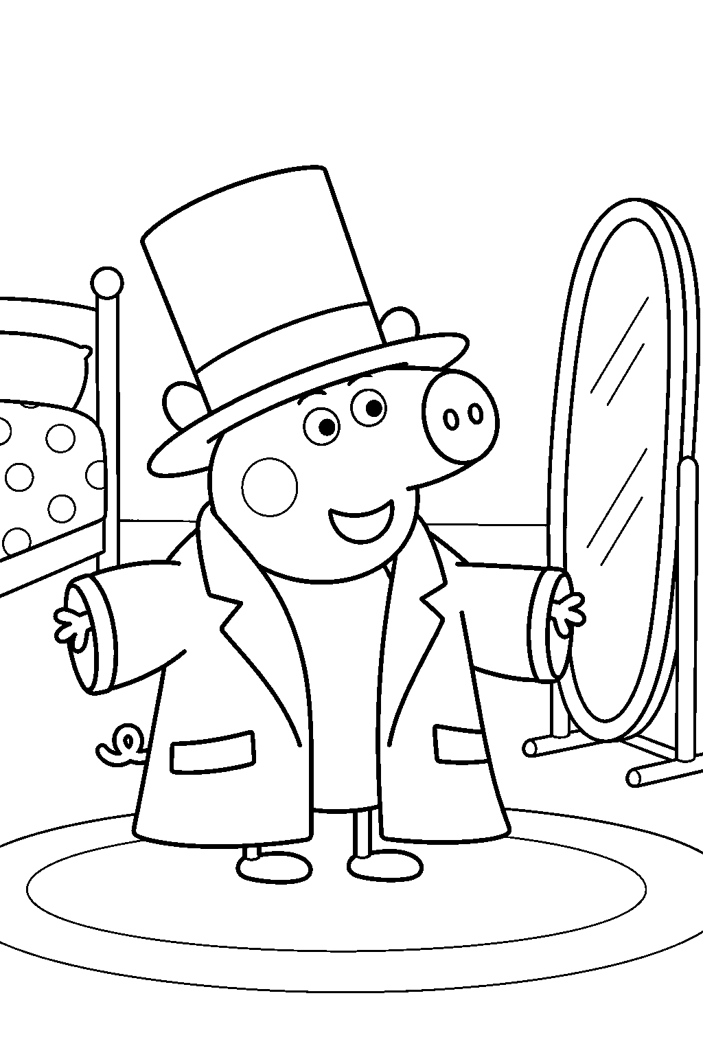 george pig wearing daddy pig s top hat and coat while playing dress up line art