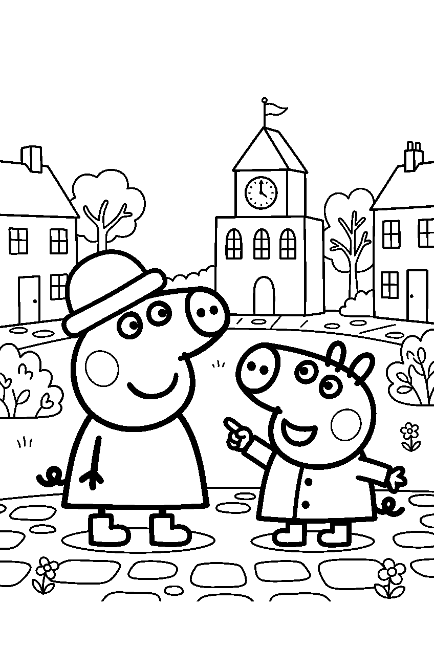 peppa pig george pointing in town square line art