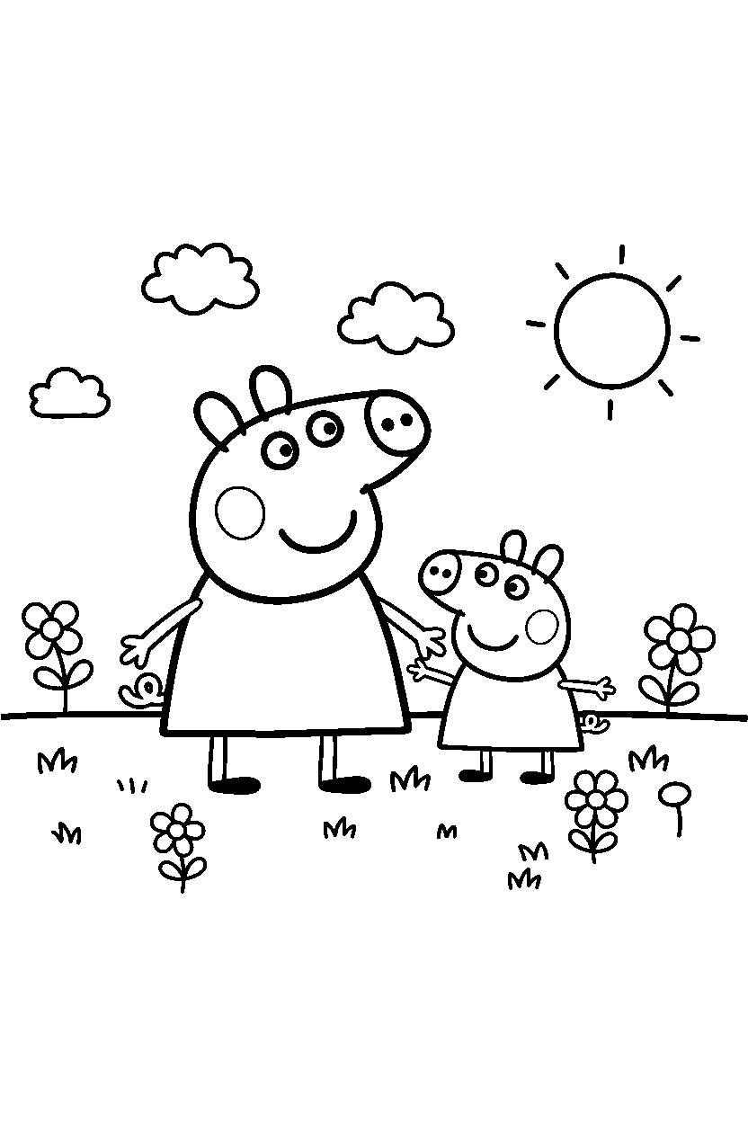 peppa pig george posing in meadow line art