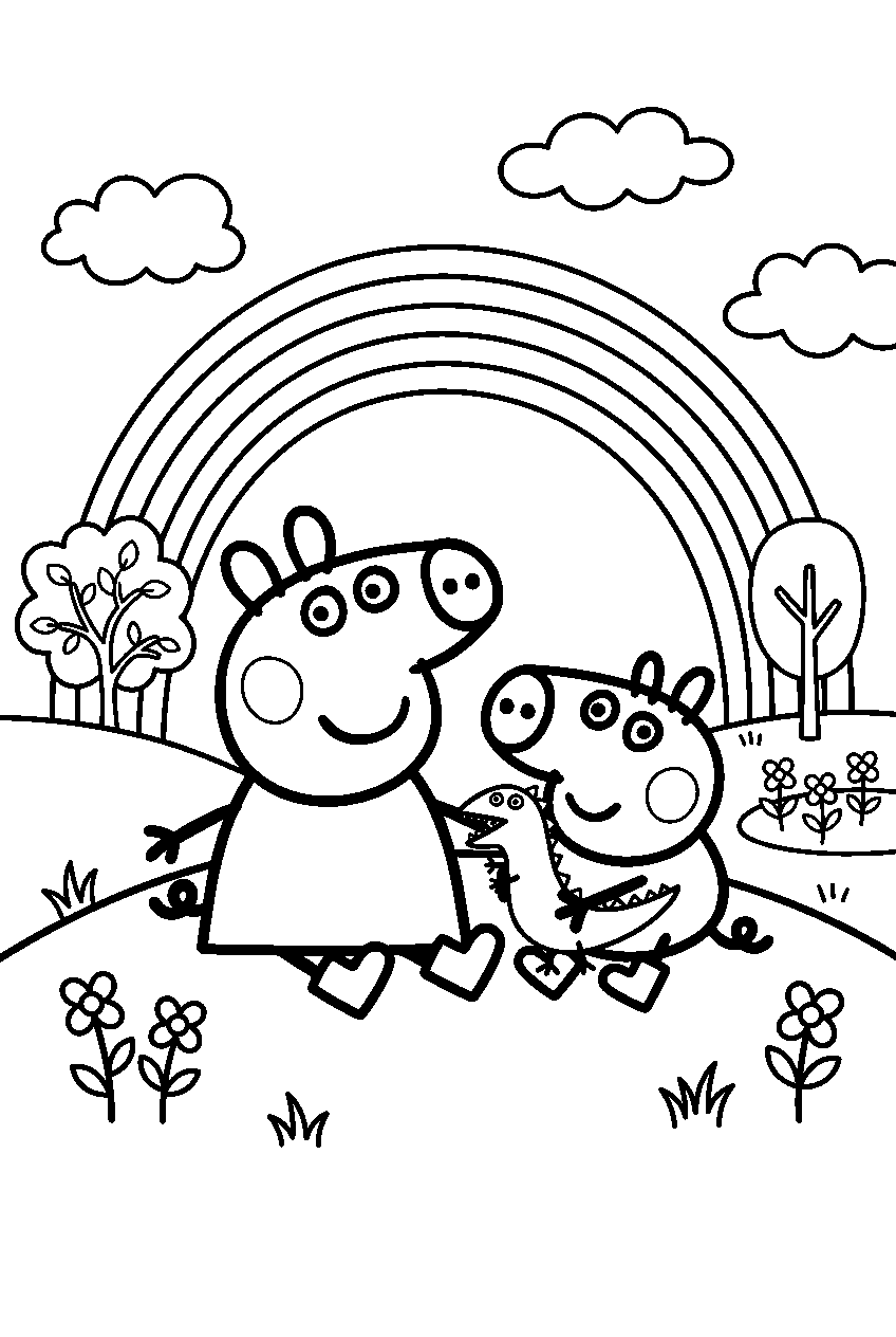 peppa pig george sitting in rainbow garden line art