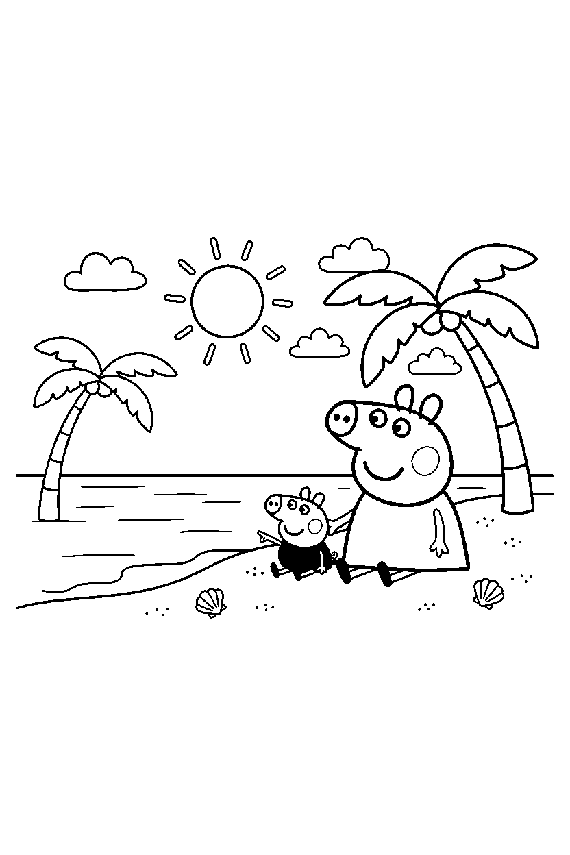 peppa pig george watching on beach line art