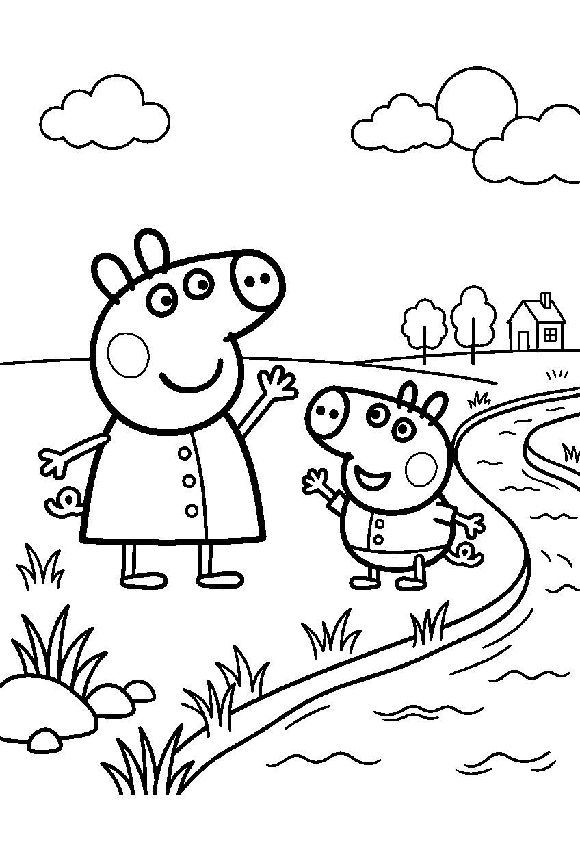 peppa pig george waving on riverbank line art