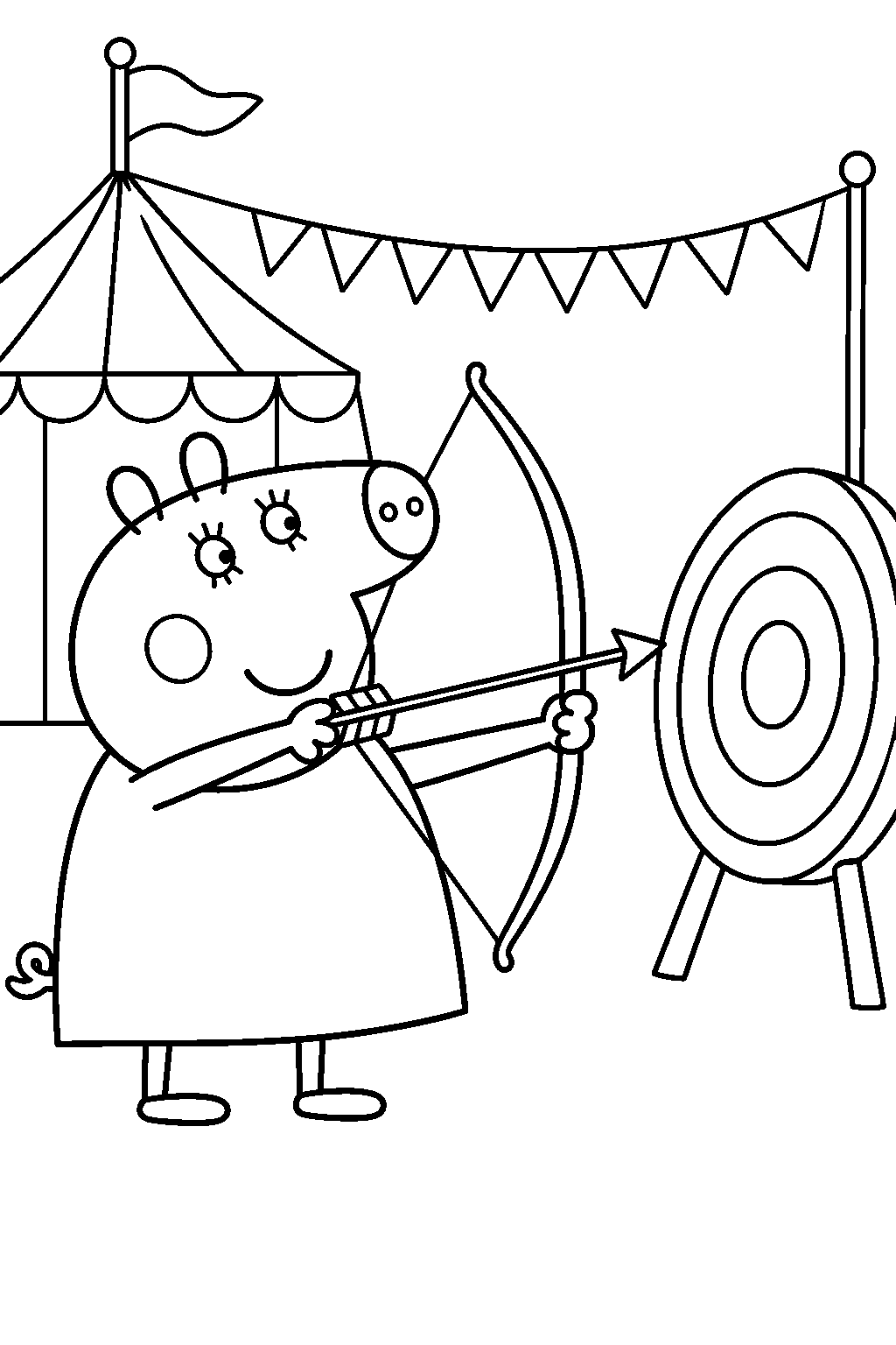 mummy pig aiming a bow at an archery target at the funfair line art