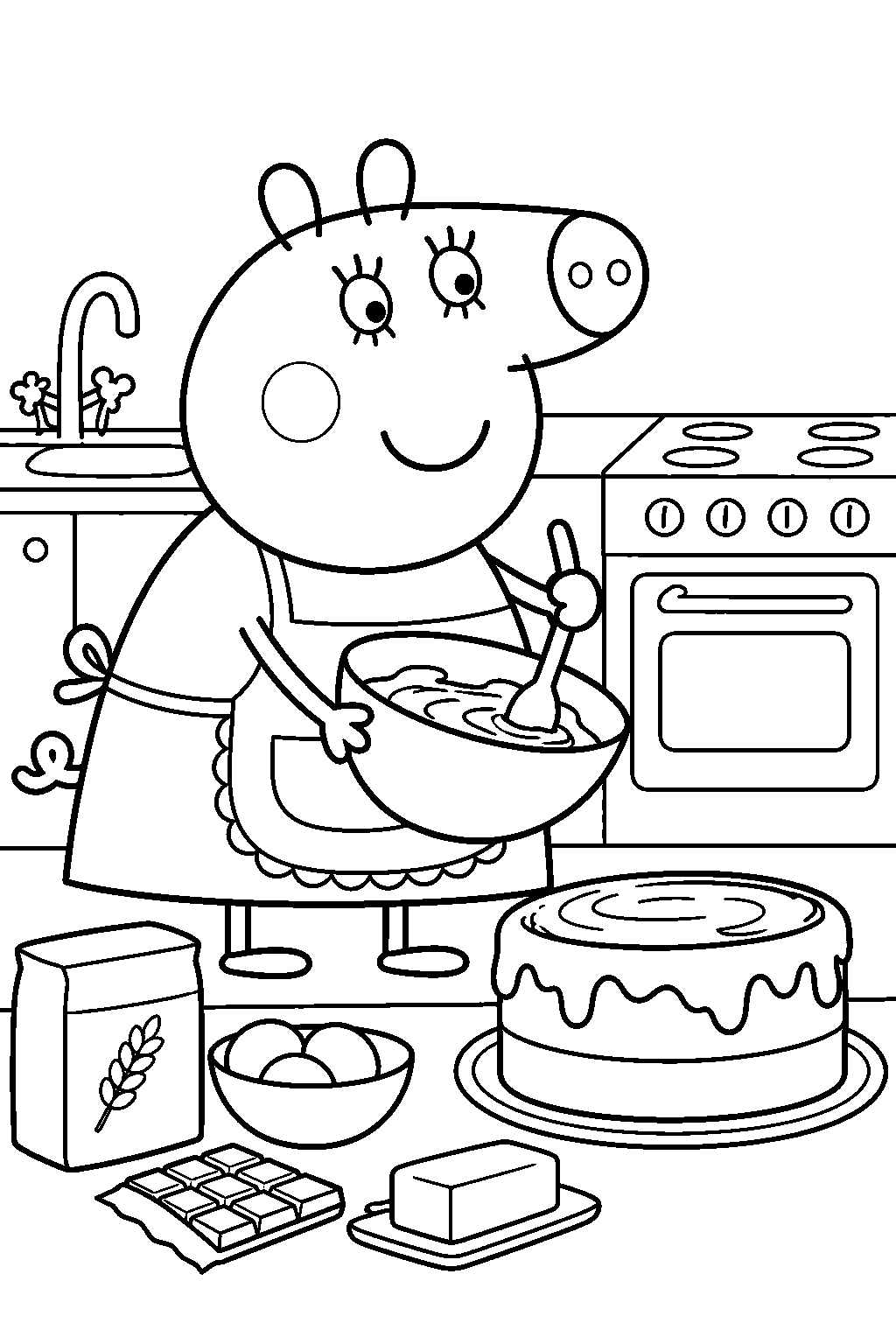 mummy pig baking a chocolate cake in the kitchen line art