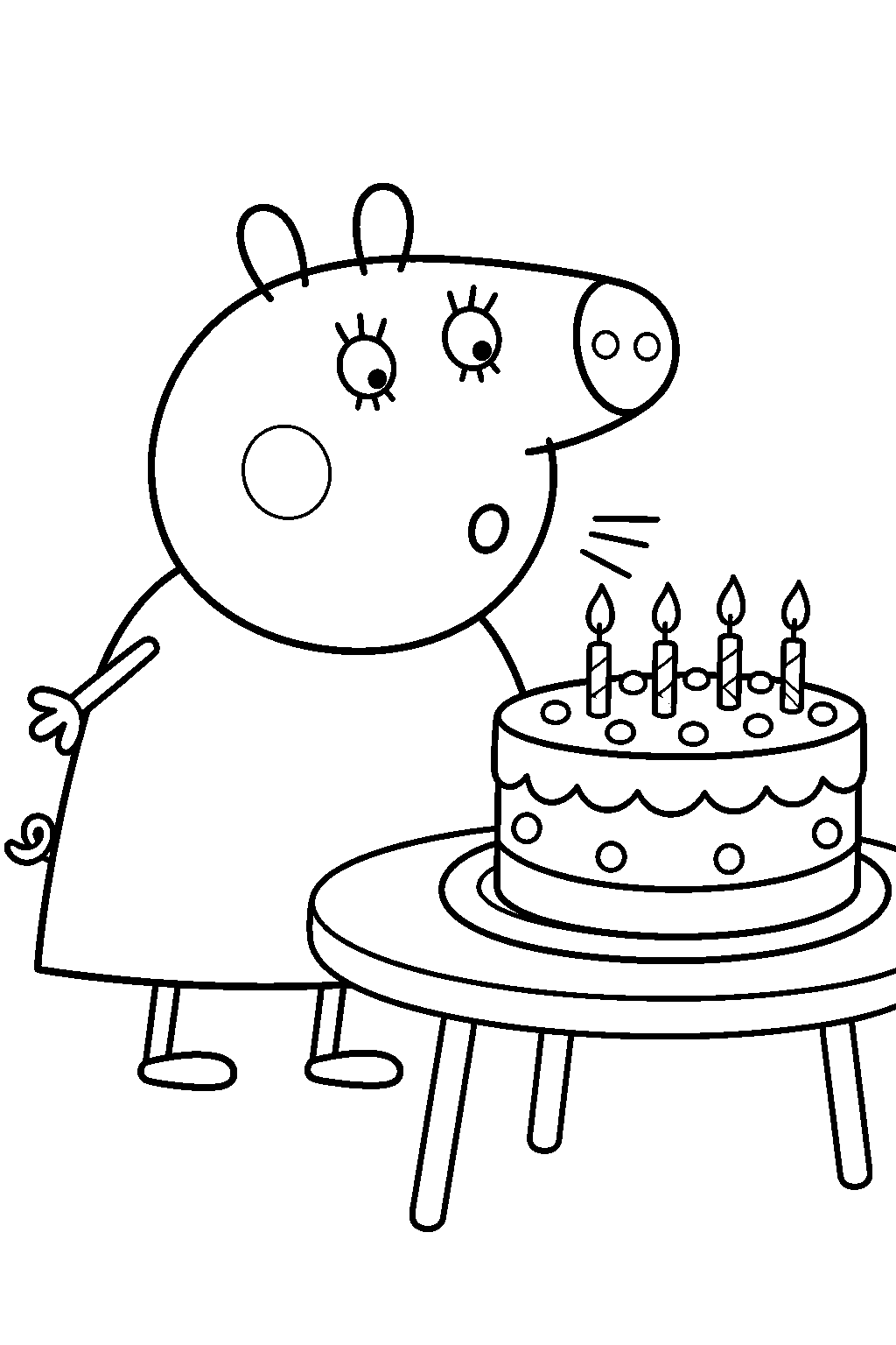 mummy pig blowing out candles on her birthday cake line art