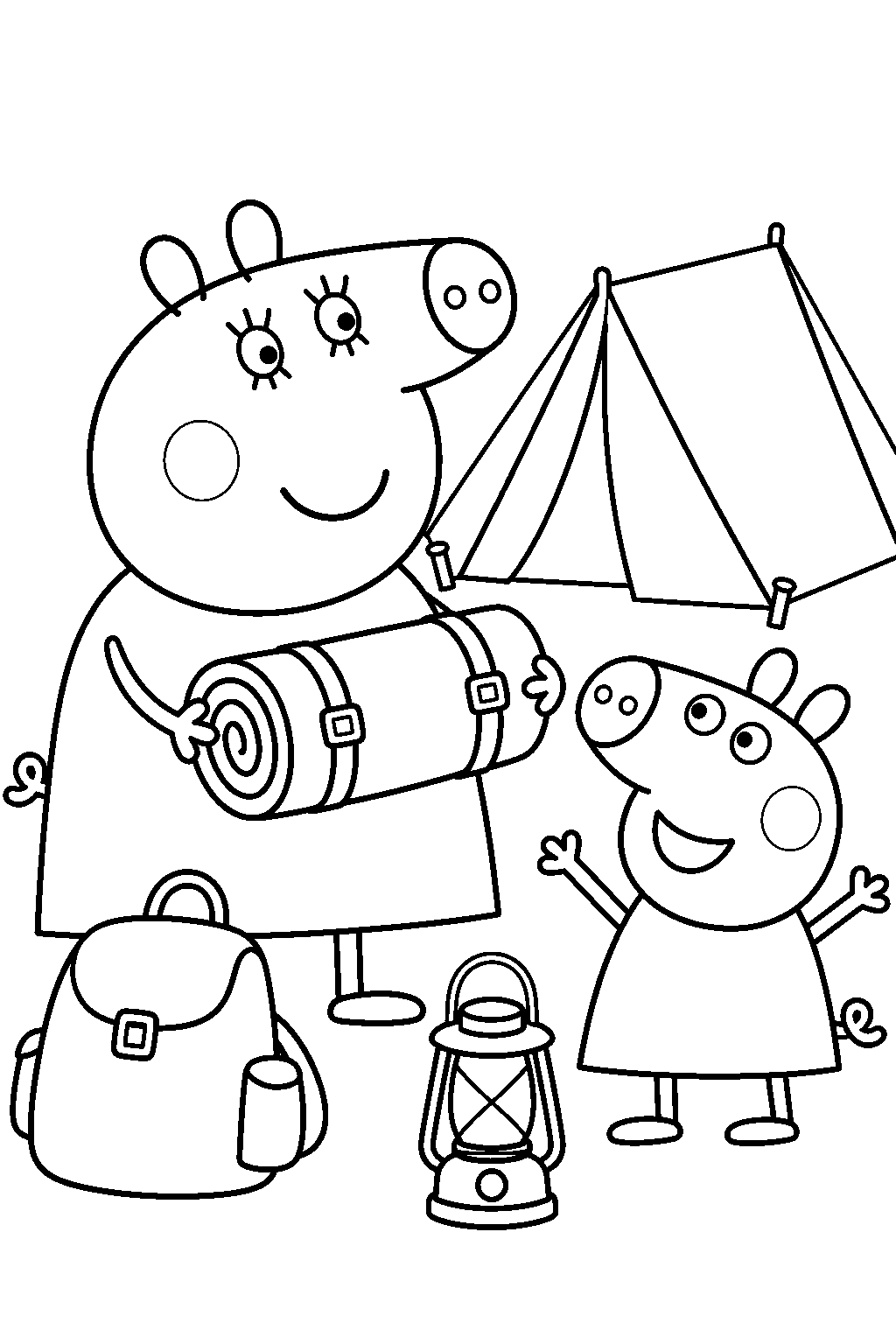 mummy pig camping beside a tent with peppa line art