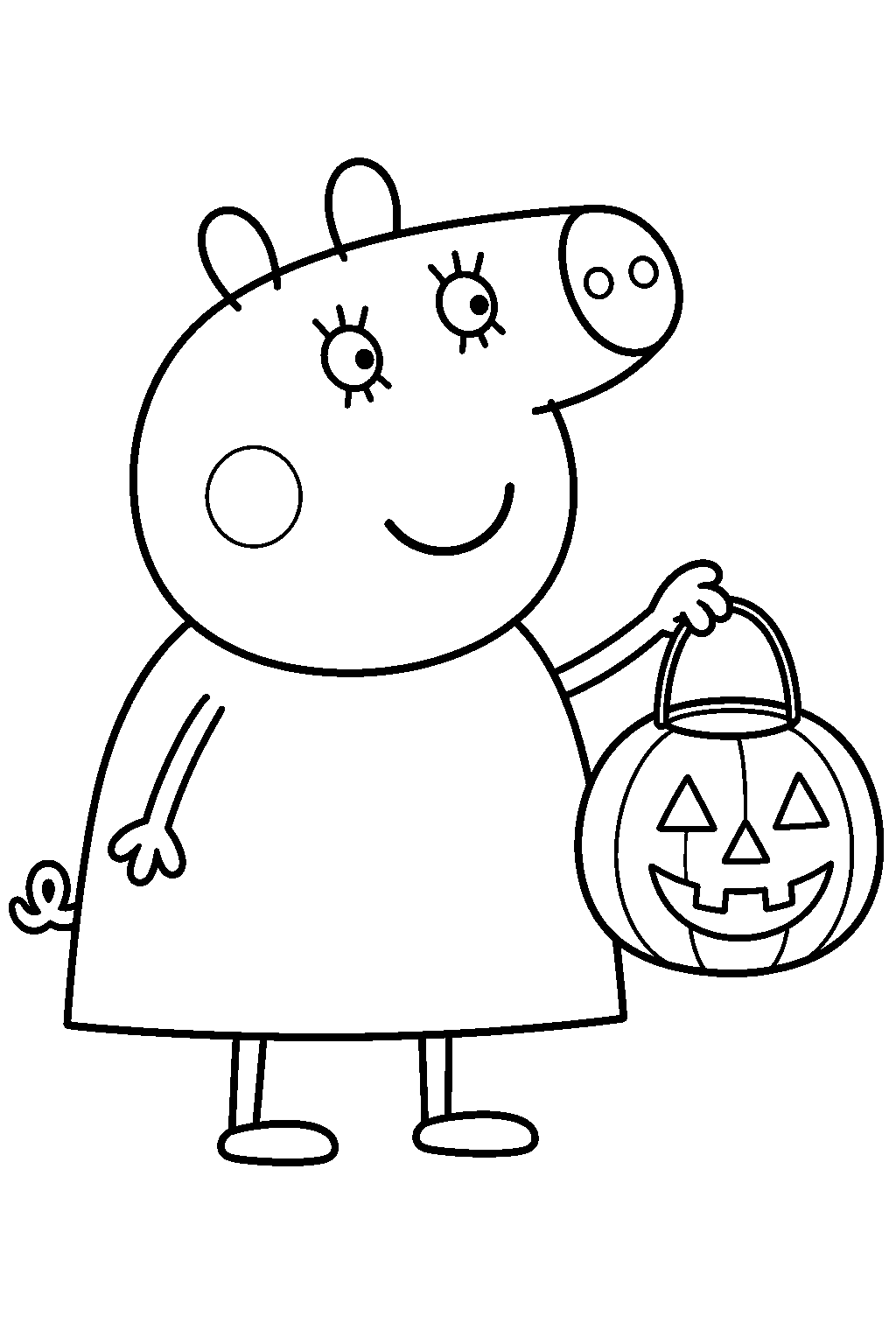 mummy pig carrying a pumpkin lantern at halloween line art