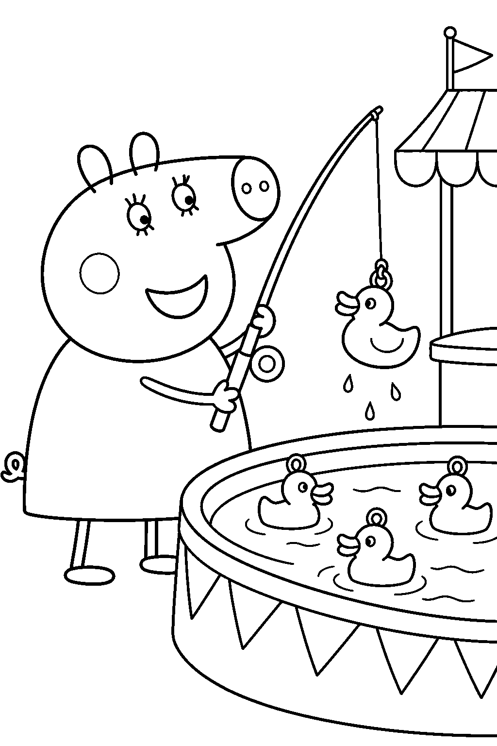 mummy pig catching a toy duck with a fishing rod at the funfair line art