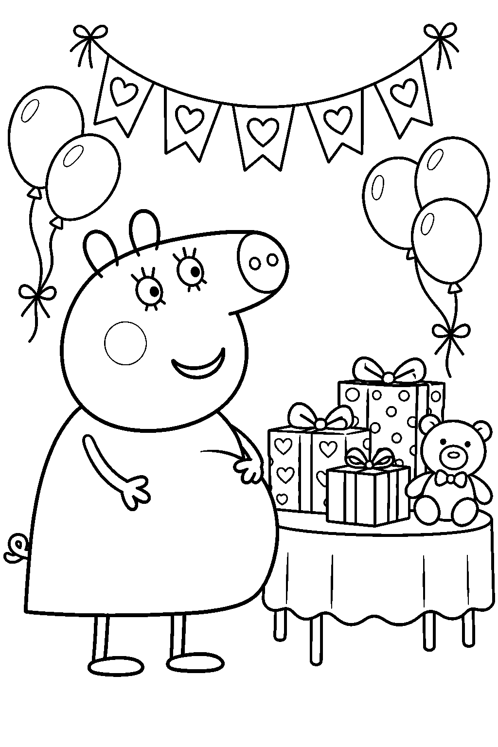 mummy pig celebrating her baby shower beside a table of gifts line art
