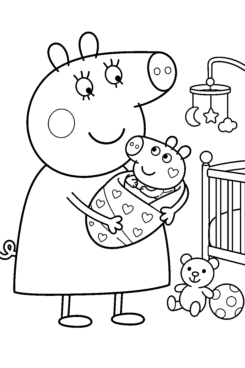 mummy pig cradling baby evie in the nursery line art