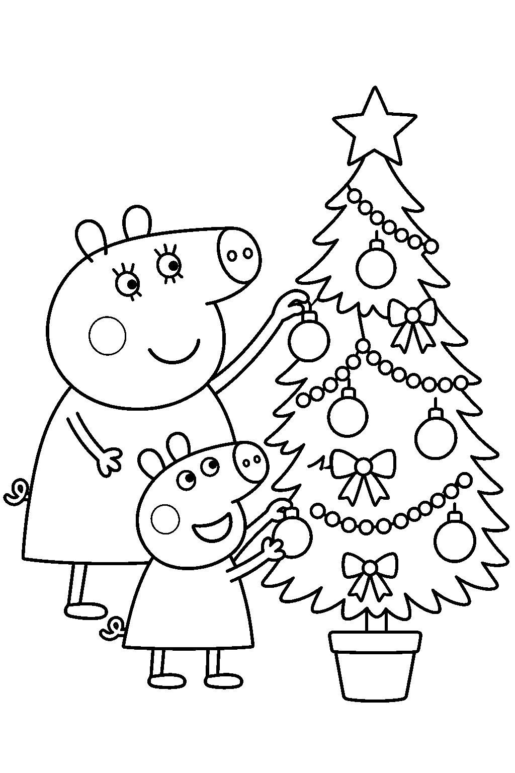 mummy pig decorating the christmas tree with peppa line art