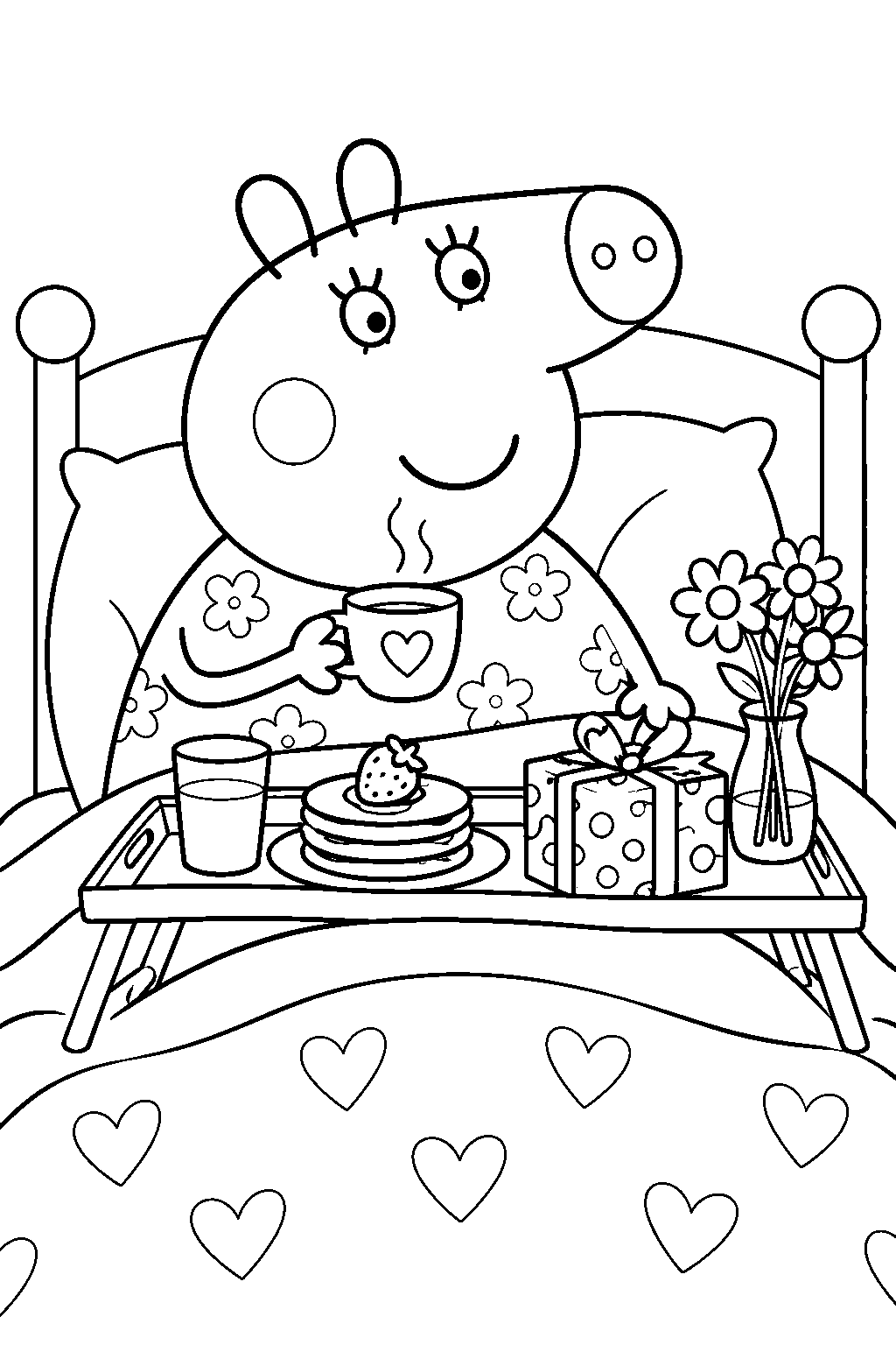 mummy pig enjoying her birthday breakfast in bed line art