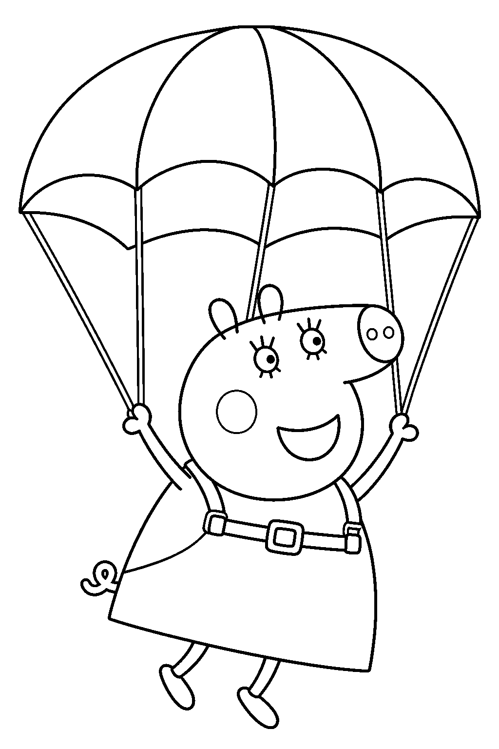 mummy pig floating beneath an open parachute line art