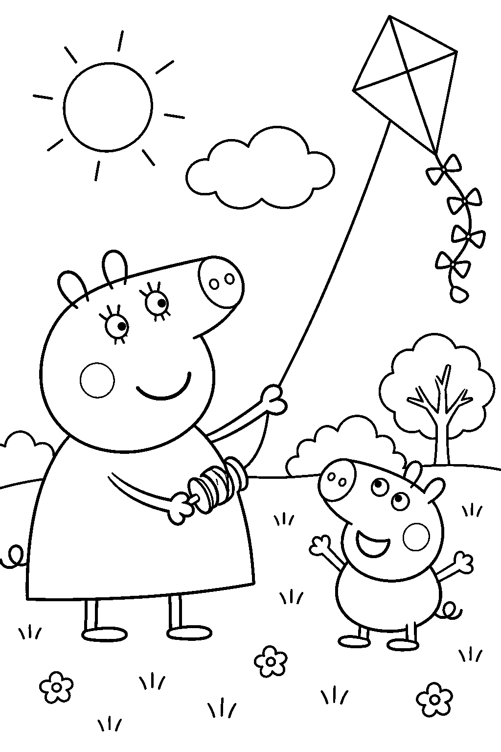 mummy pig flying a kite with george in the park line art