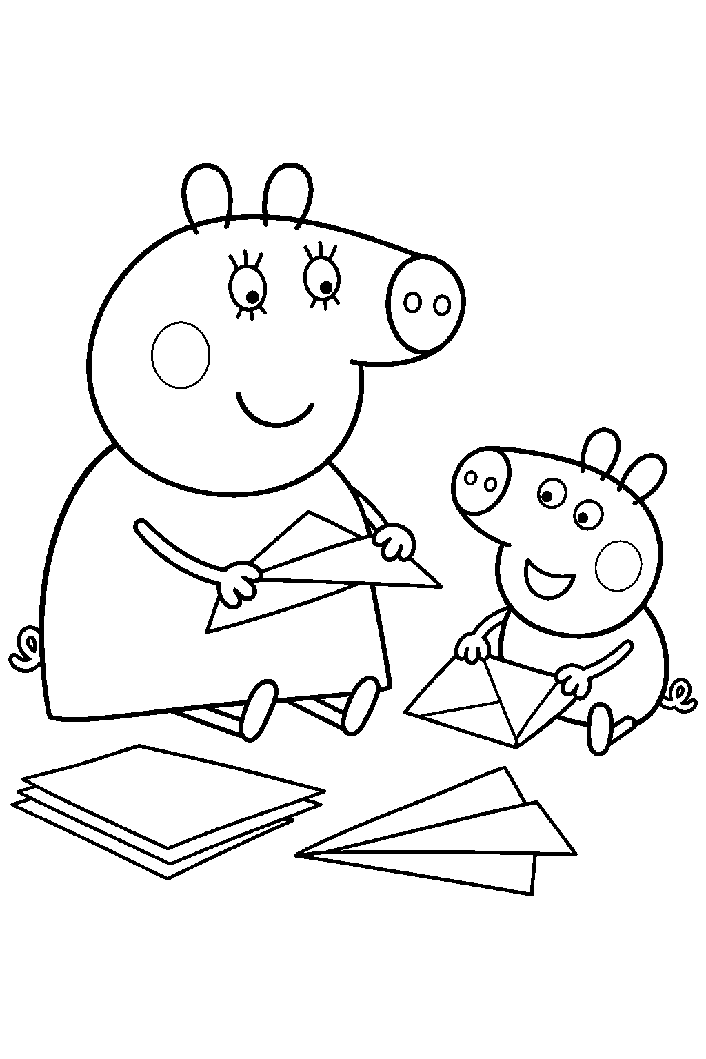 mummy pig folding paper airplanes with george line art