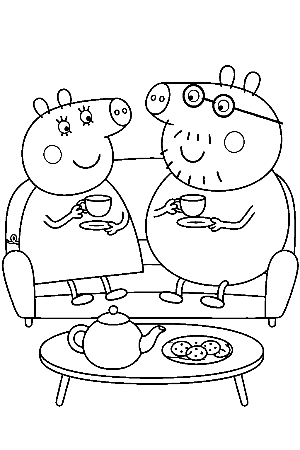 mummy pig having tea with daddy pig on the sofa line art