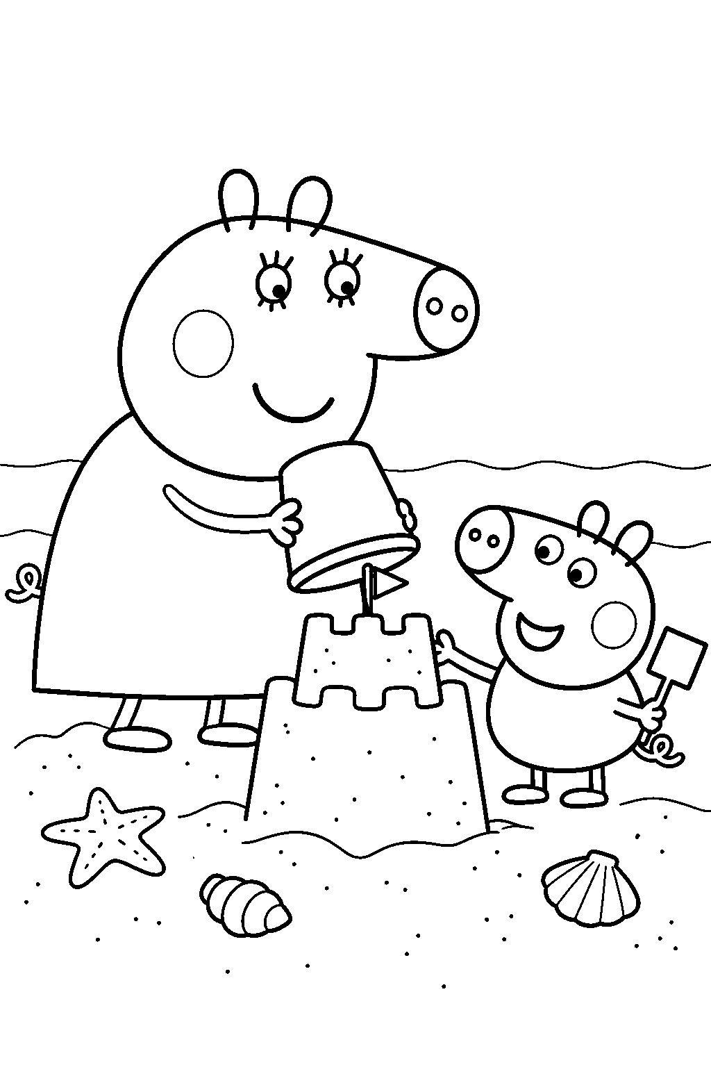 mummy pig helping george build a sandcastle at the beach line art