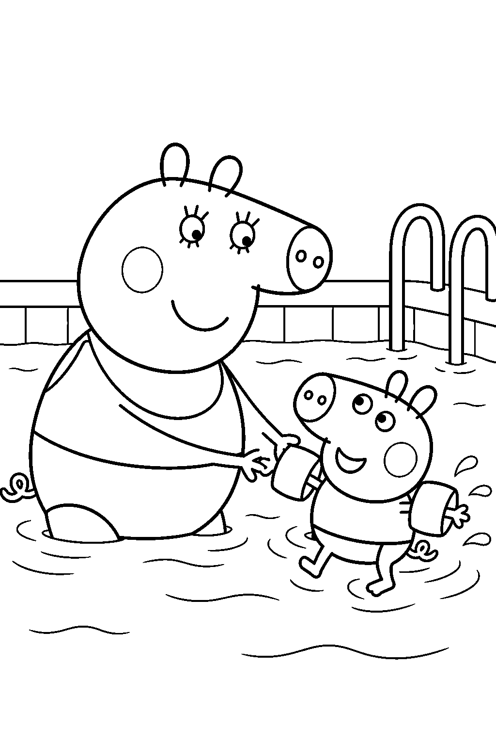 mummy pig helping george swim with armbands at the swimming pool line art