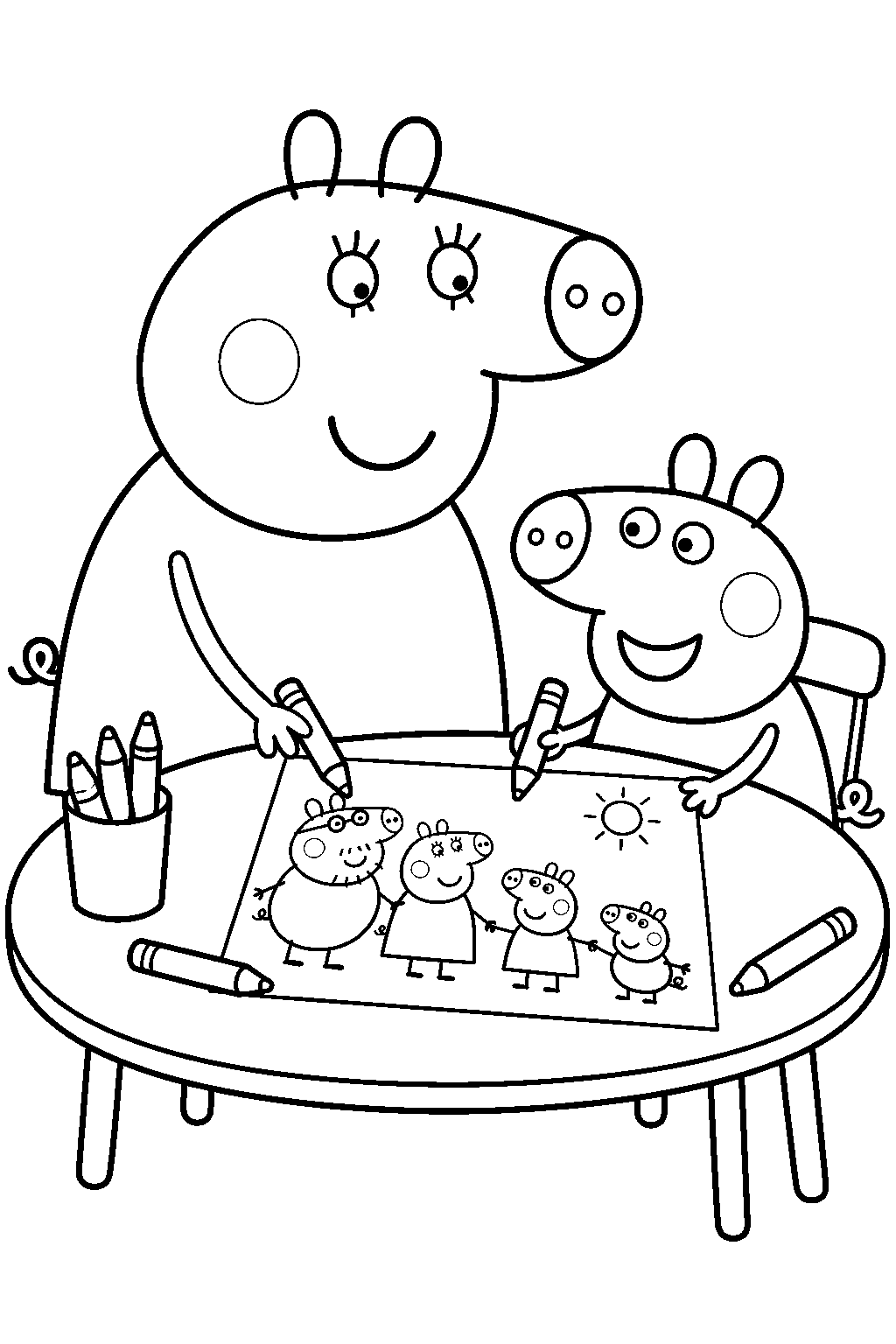 mummy pig helping peppa draw a family picture line art