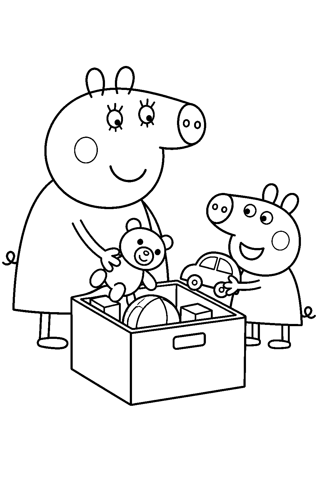 mummy pig helping peppa put toys into a toy box line art
