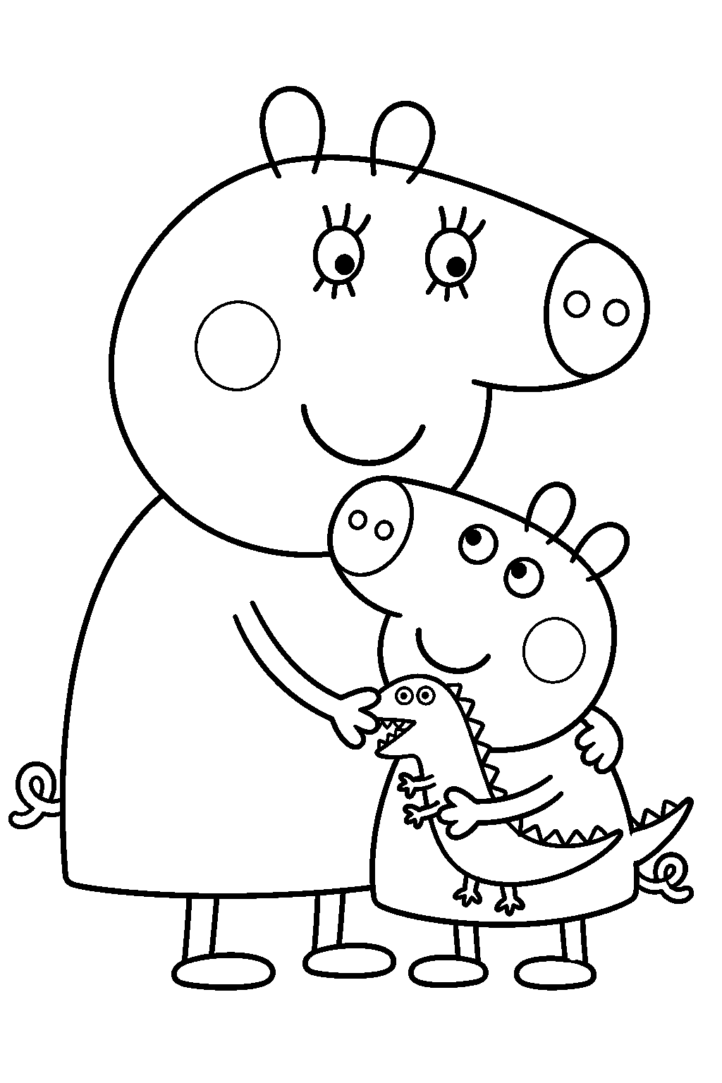 mummy pig hugging george as he holds mr dinosaur line art