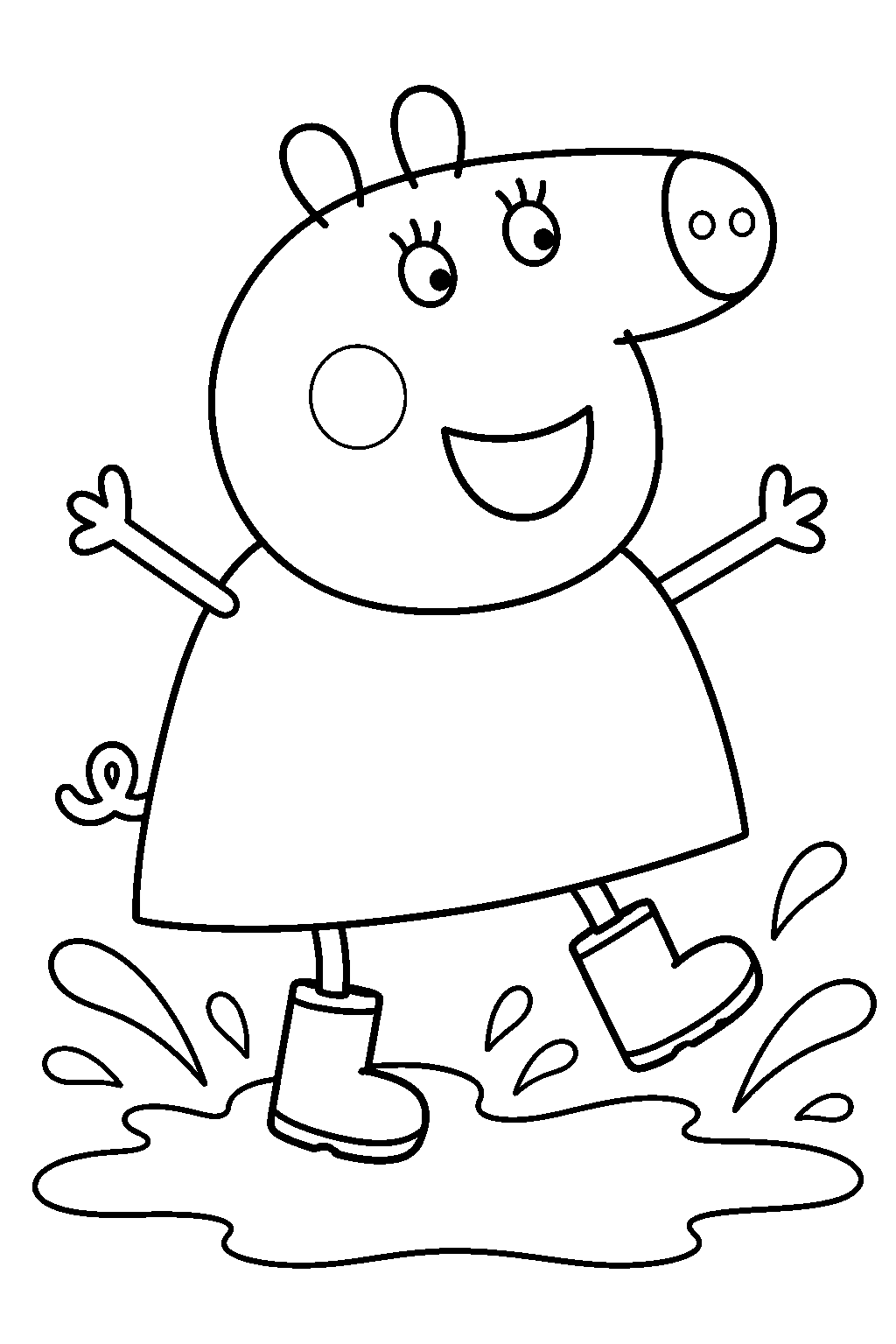 mummy pig jumping in a muddy puddle wearing rain boots line art