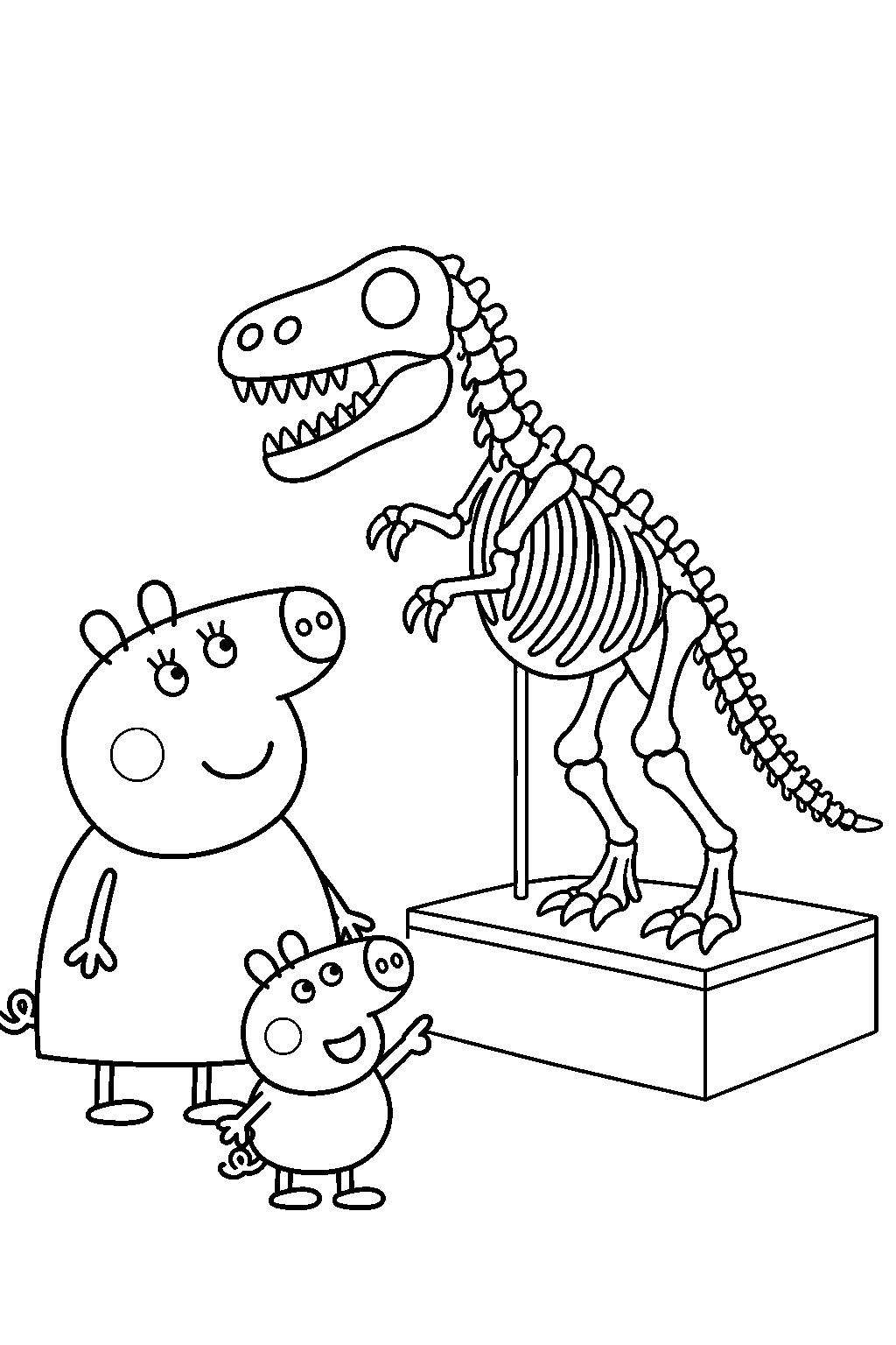 mummy pig looking at a dinosaur skeleton with george at the museum line art