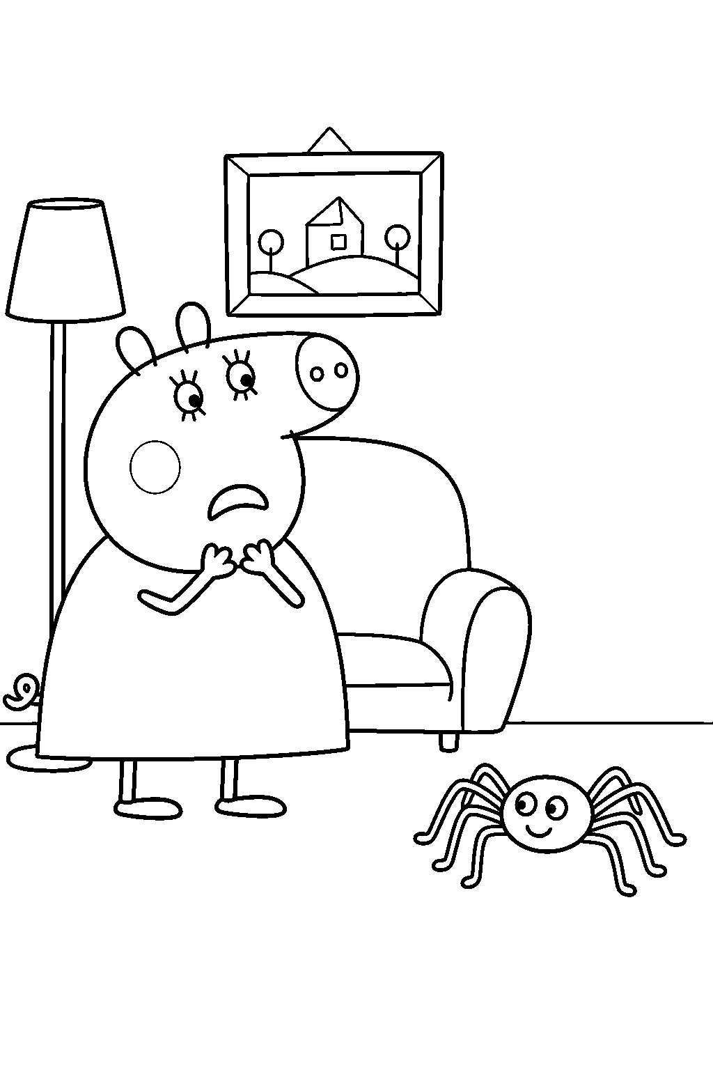 mummy pig looking worried as mr skinny legs walks across the sitting room line art