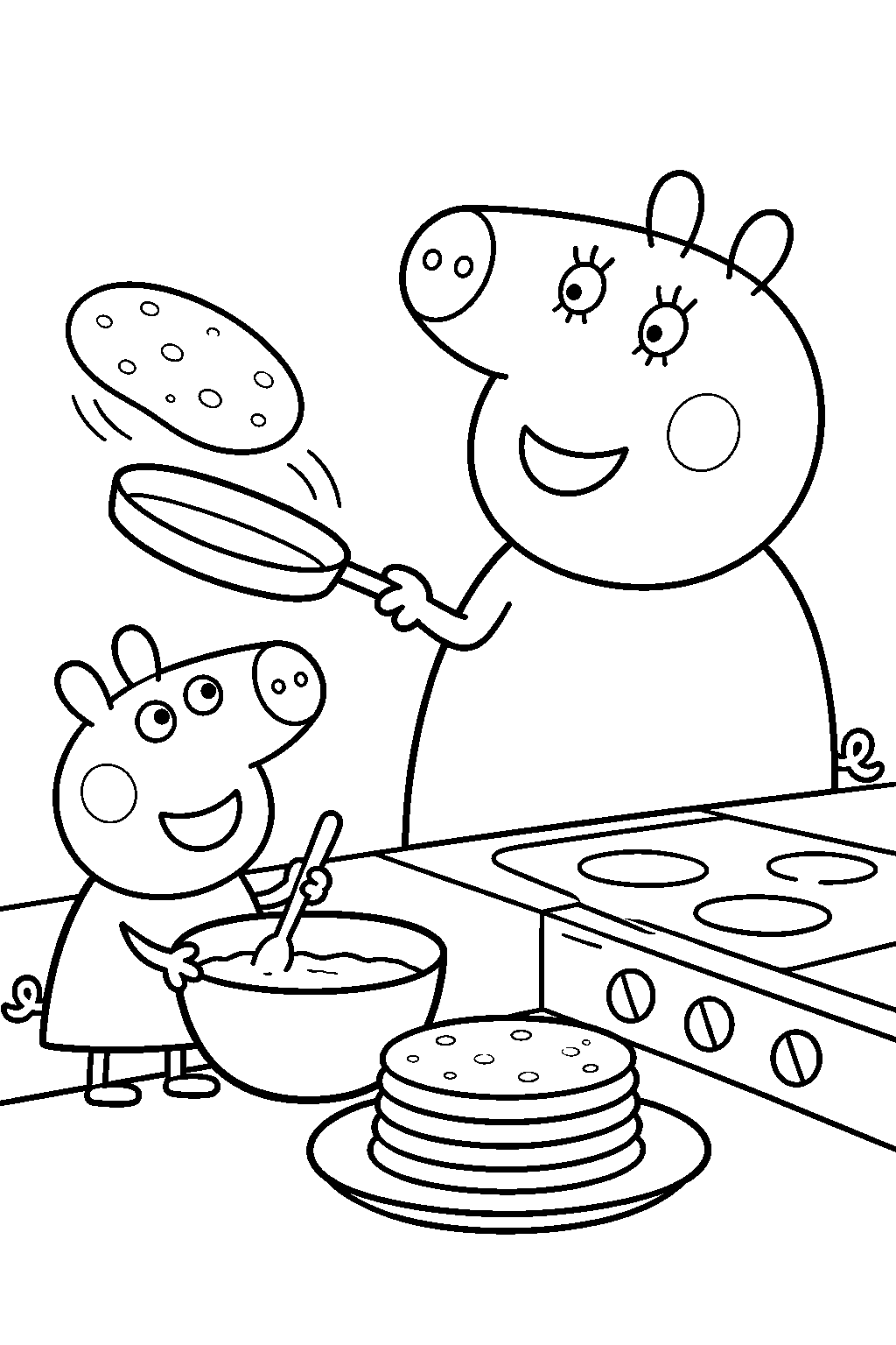 mummy pig making pancakes with peppa in the kitchen line art